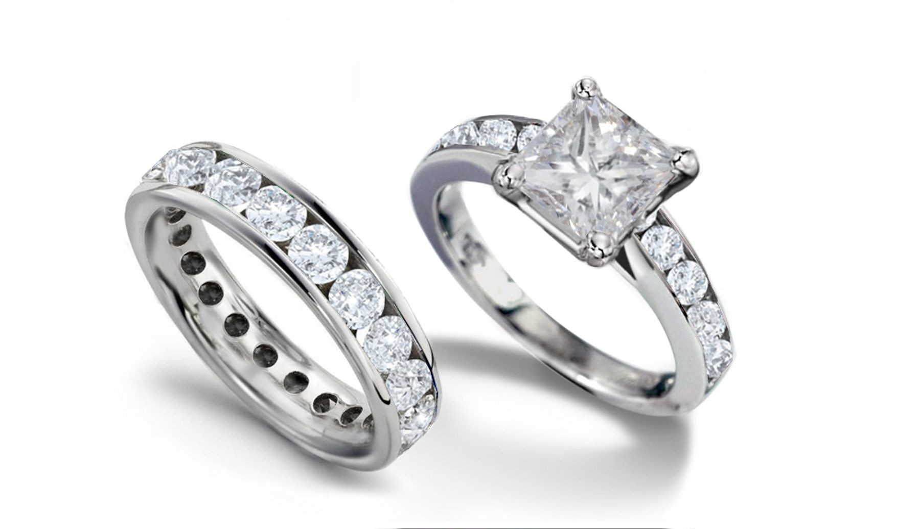 Impeccable Princess Cut Diamond Engagement & Round Diamond Band