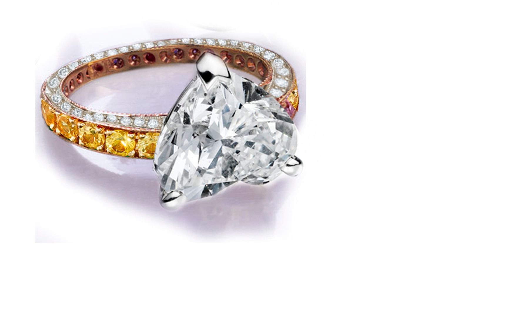 Ring with Heart Diamond & Pave Set Diamonds & Yellow Sapphires in Gold or Platinum