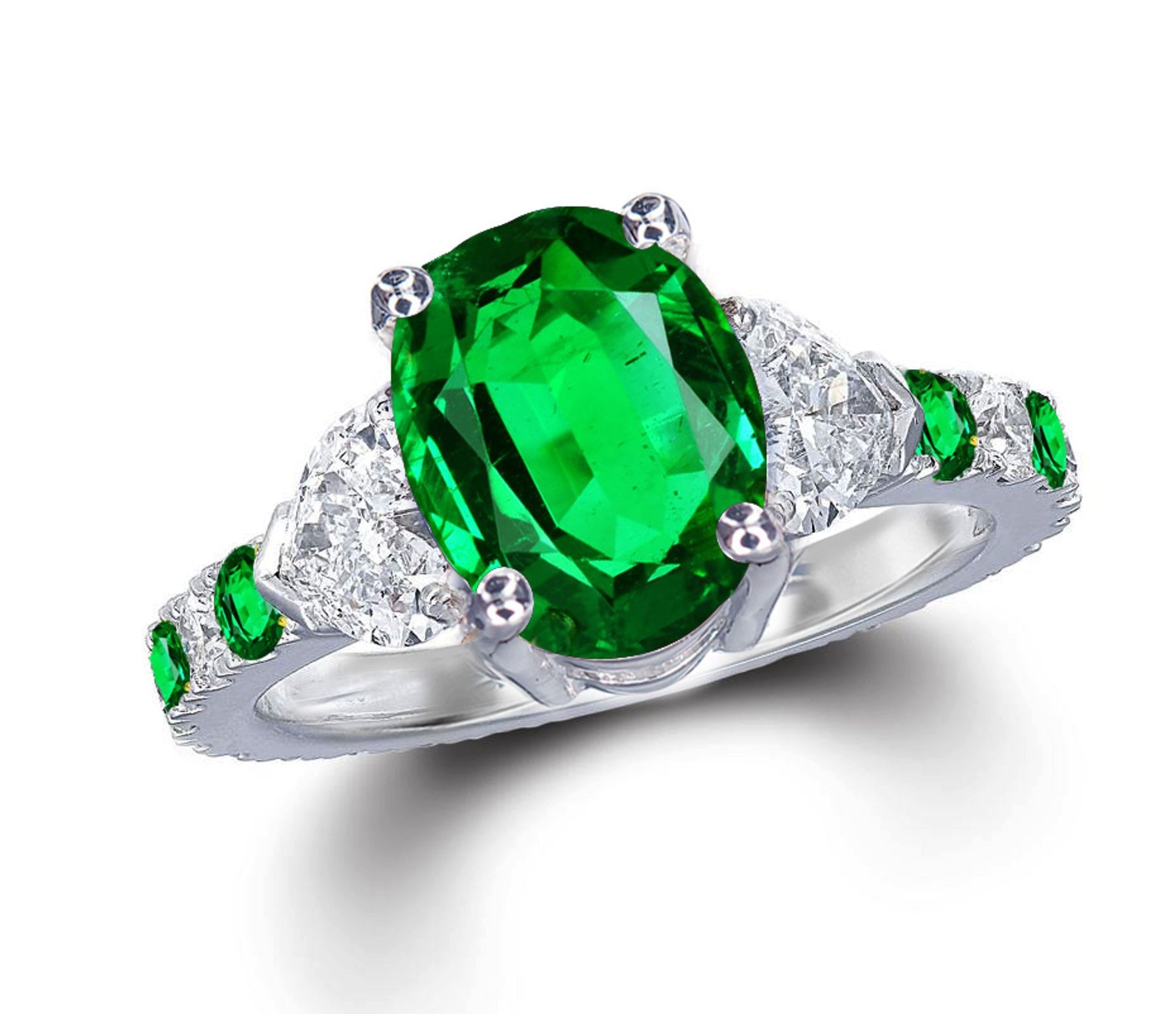 Three Stone Rings With Center Emerald & Further Diamond Accents on Sides