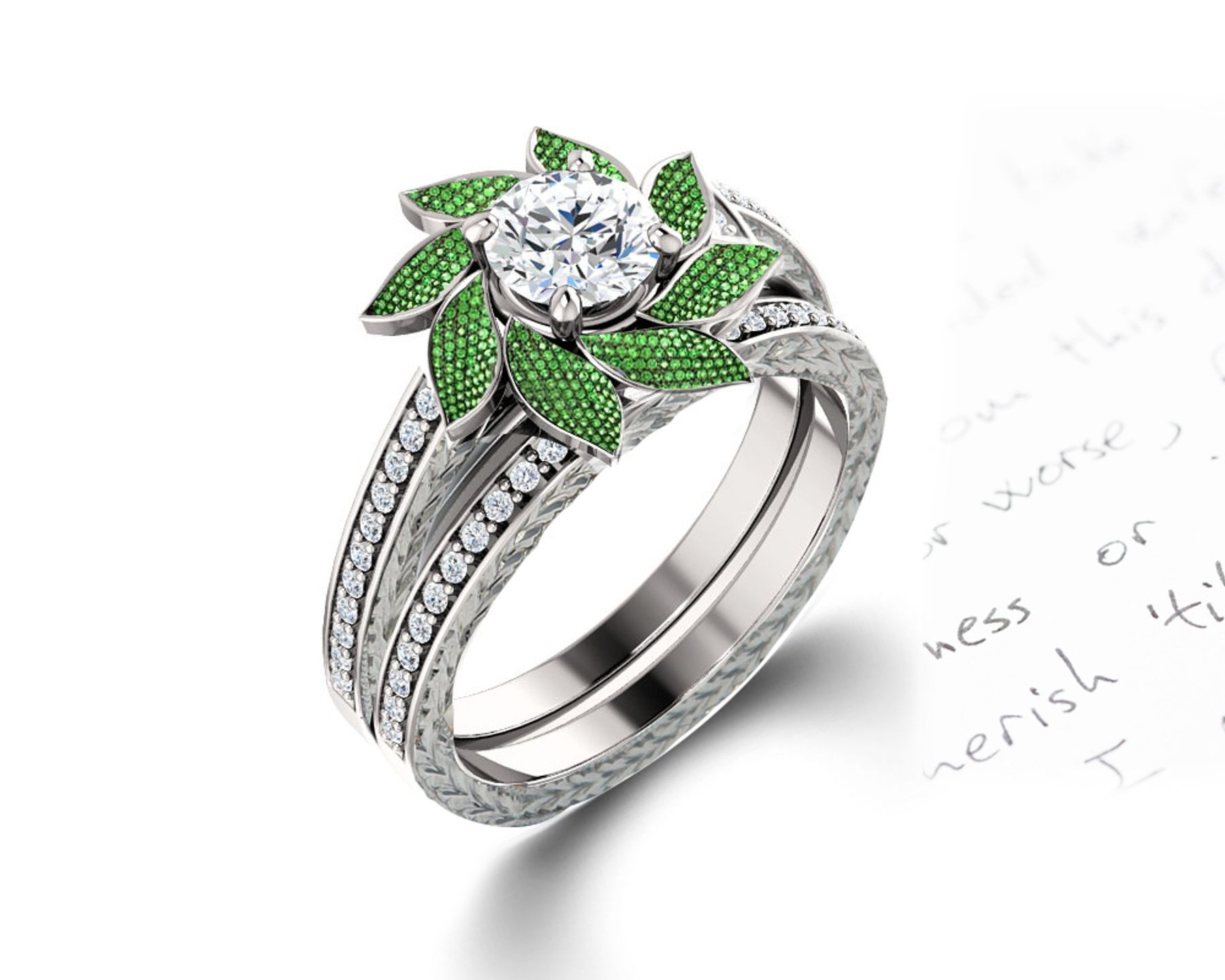 Delicate Micro Pave Halo Vivid Flower Bloom Green Emerald & Diamond Engagement Rings