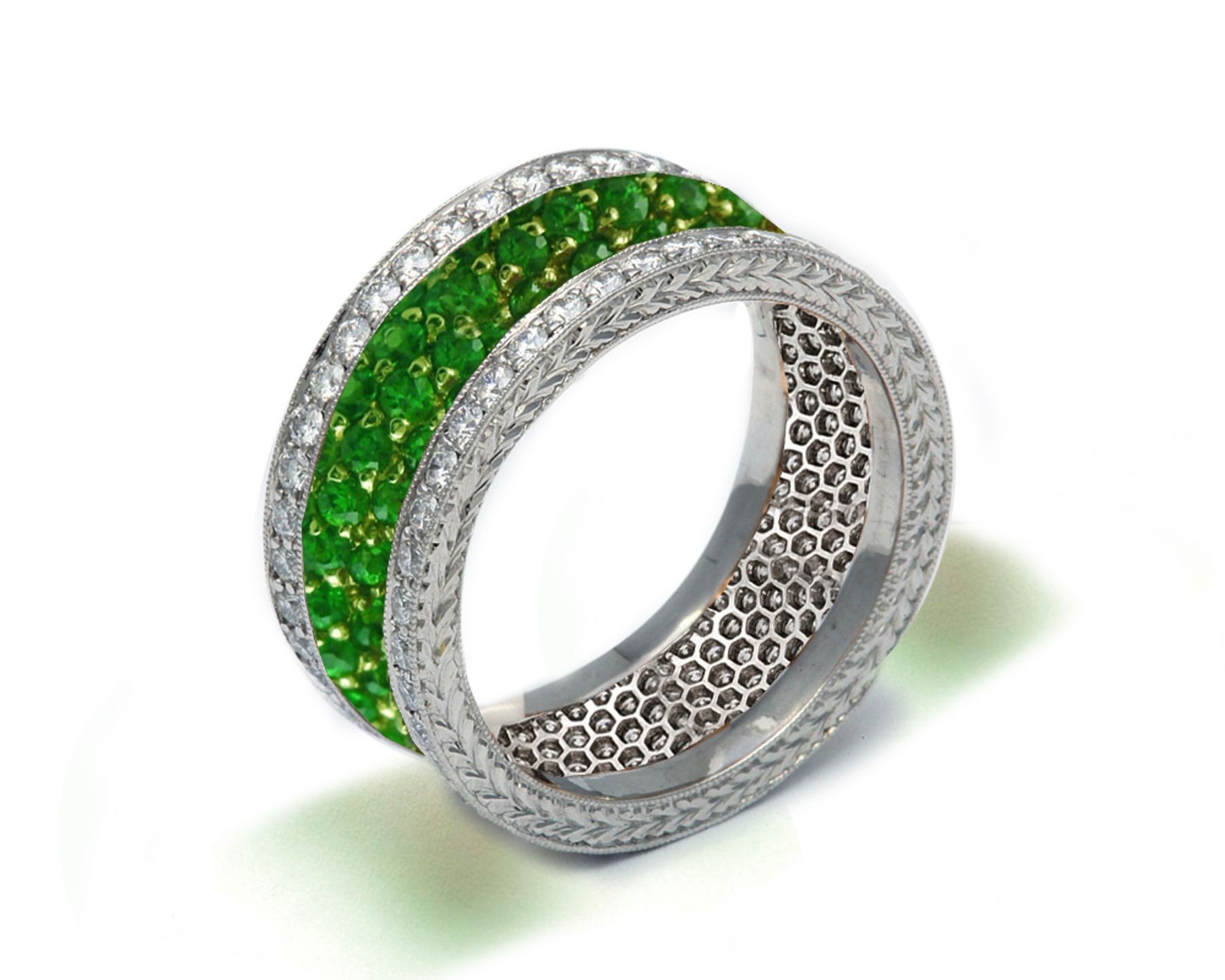 Latest Collection: Delicate Halo Micropave Side Accents Green Emeralds & Diamonds Eternity Rings