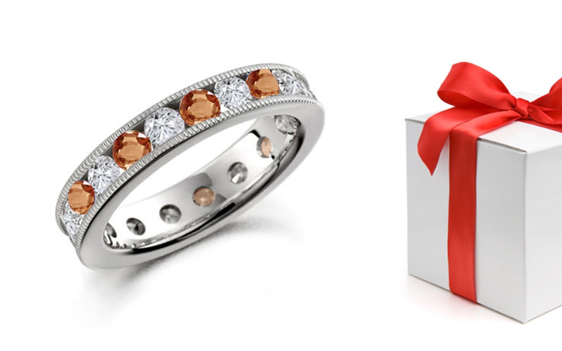 Pink Orange Sapphire & Eternal Ice Diamond Wedding Rings