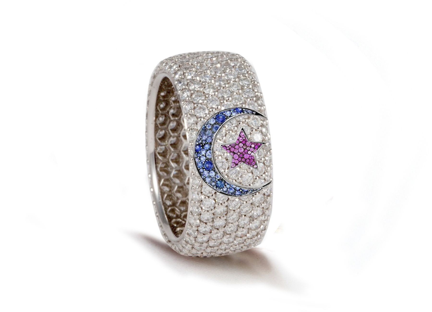 High Quality French pavee Multi-Colored Sapphire & Brilliant-Cut Round Diamond Moon & Stars Eternity Rings & Bands
