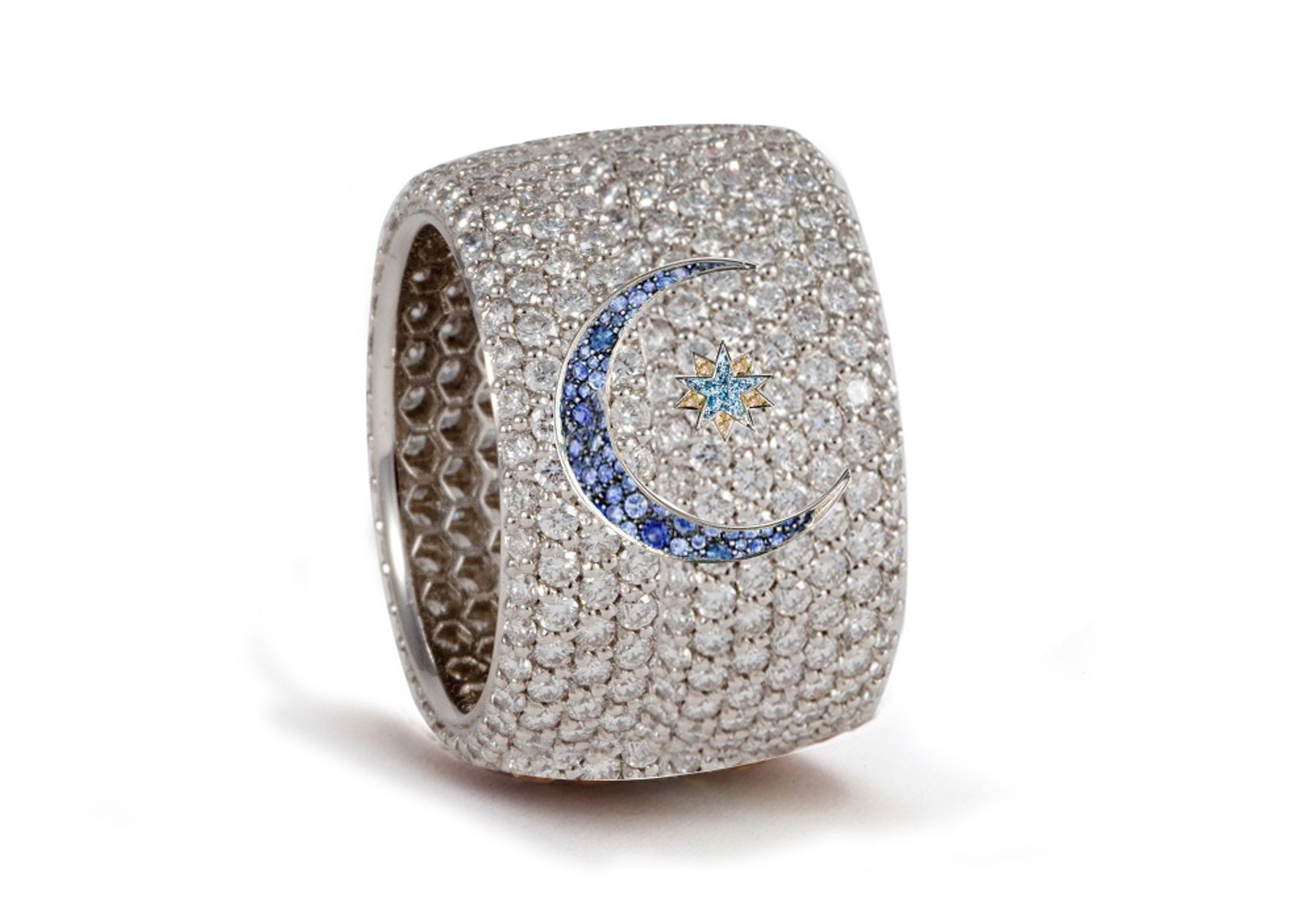Delicate French pavee Sparkling Brilliant-Cut Round Diamonds & Vivid Multi-Colored Precious Stones Eternity Rings & Bands Featuring Celestial Moon & Stars