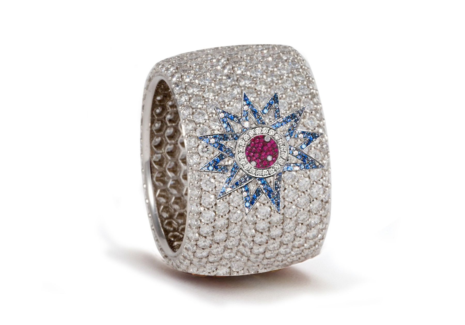 Delicate French pavee Sparkling Brilliant-Cut Round Diamonds & Vivid Multi-Colored Precious Stones Eternity Rings & Bands Featuring Celestial Moon & Stars