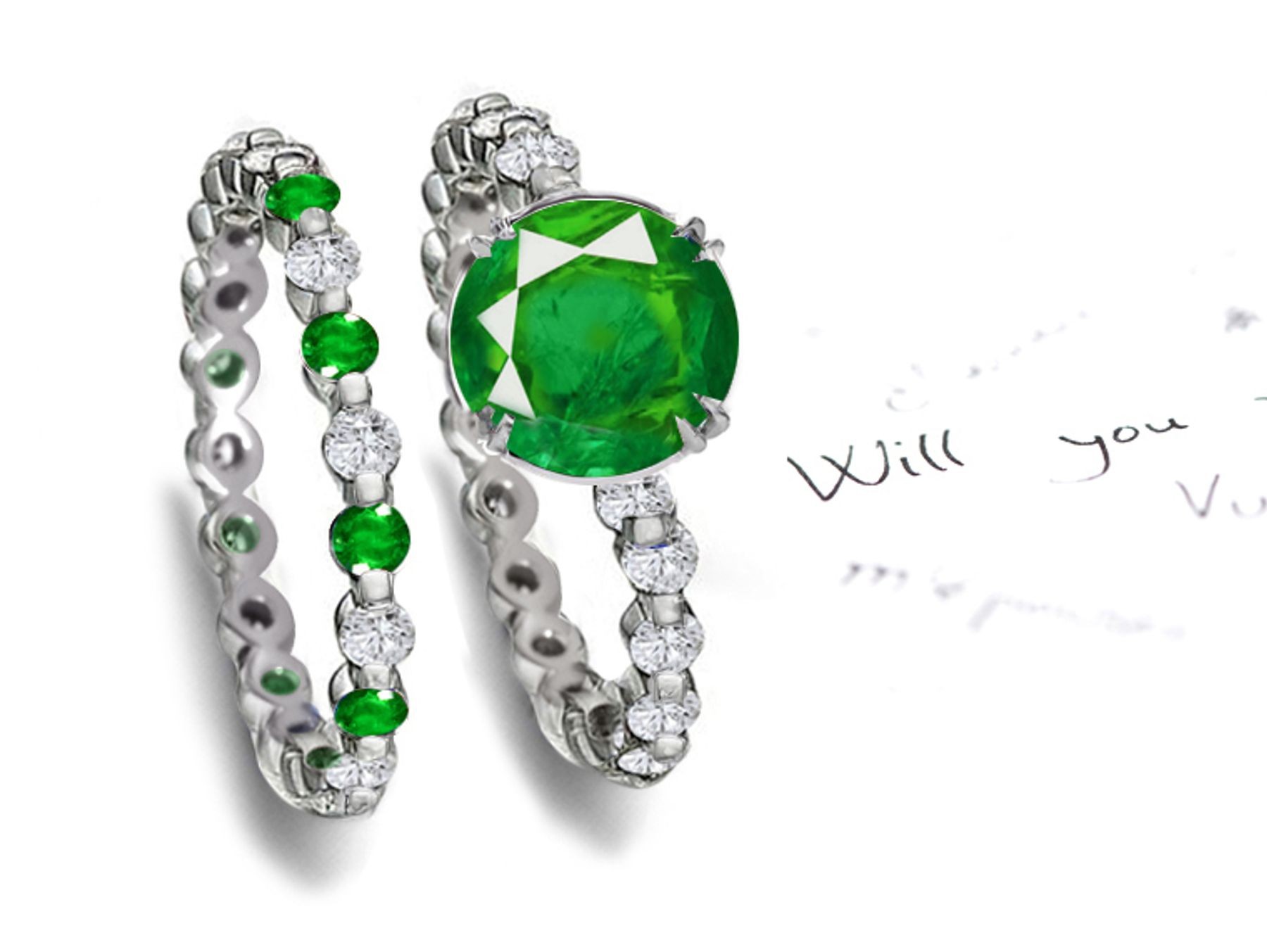 Beautiful Jewelry: Emerald & Diamond Engagement Ring & Matching Wedding Band