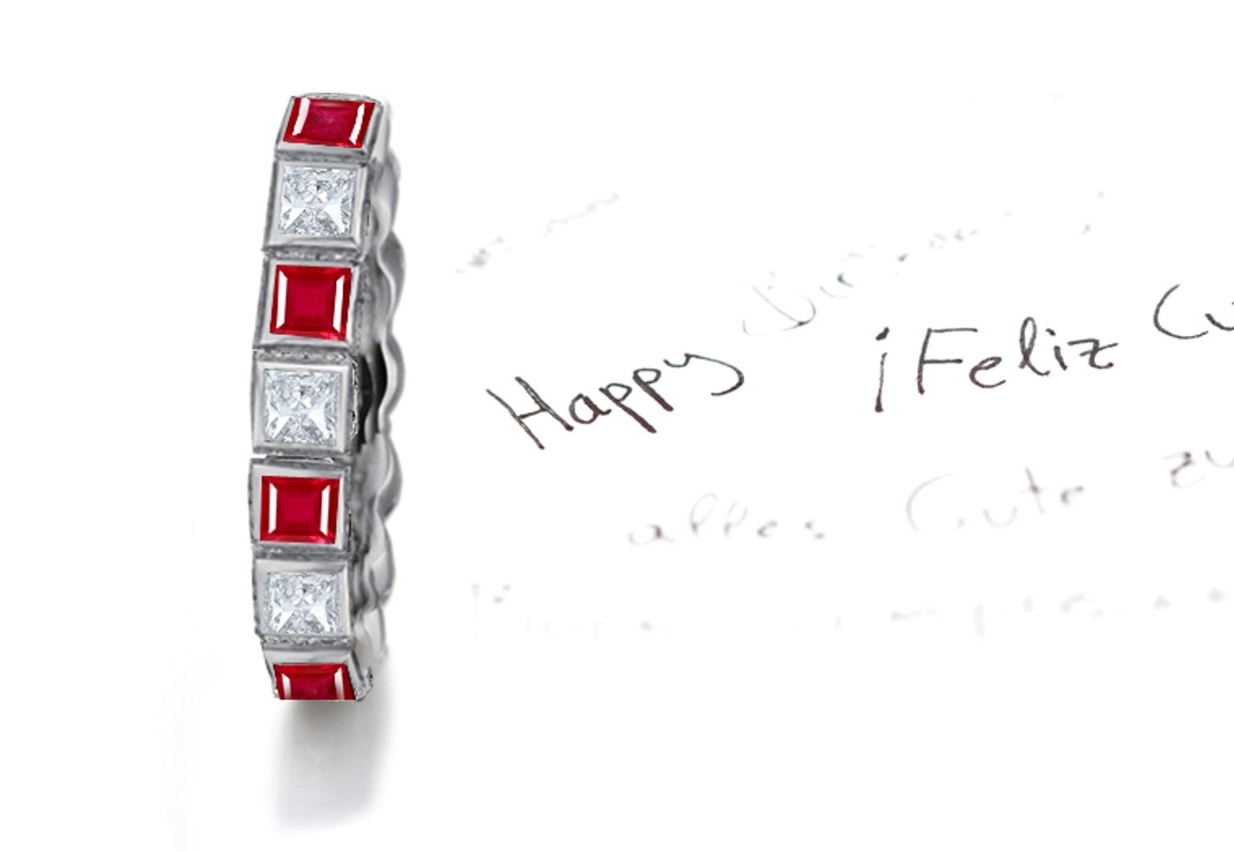 Princess Cut Ruby and Diamond Square Bezel Set Eternity Band in Gold