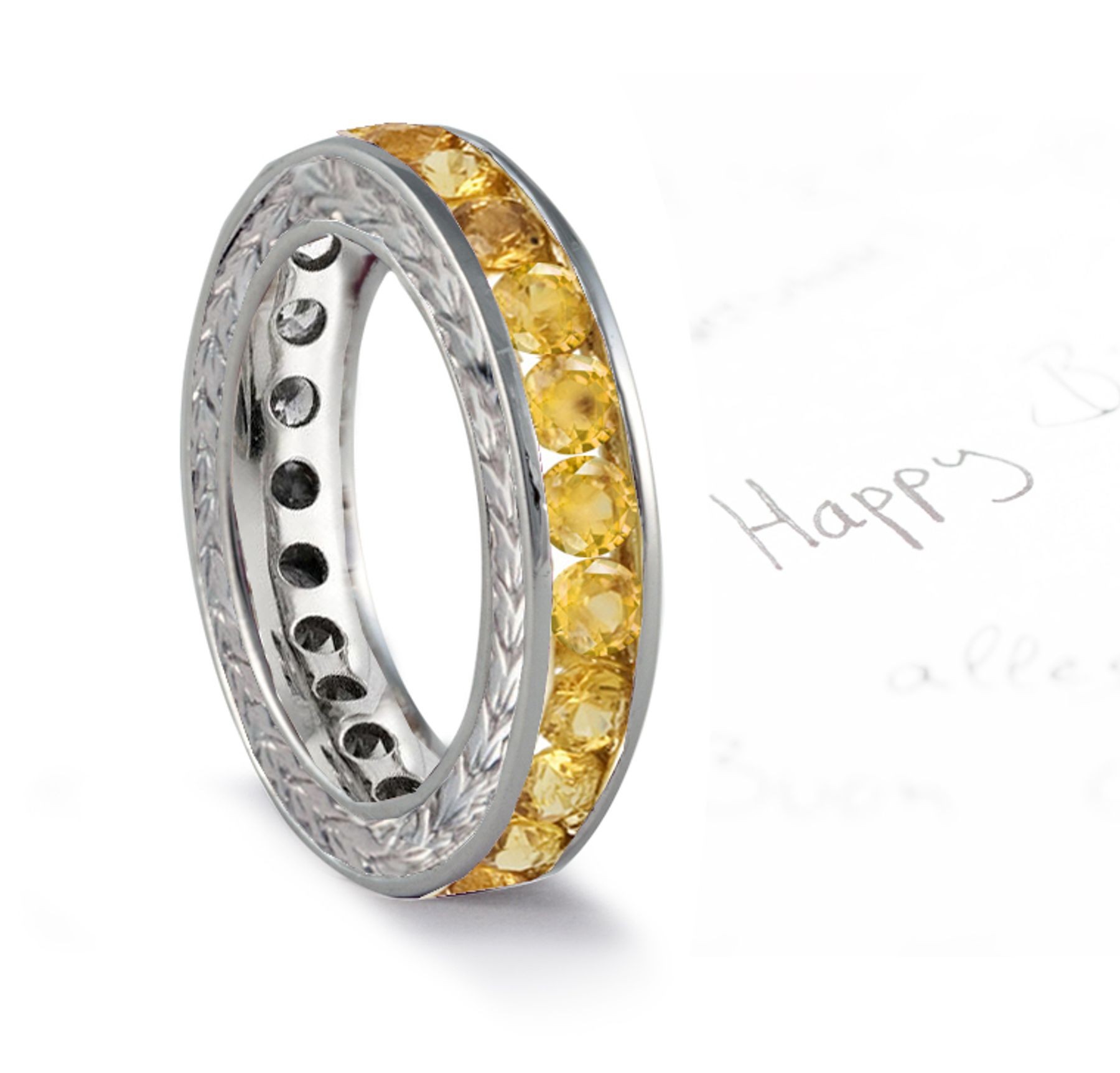 Gold Yellow Sapphire Engraved Wedding Bands