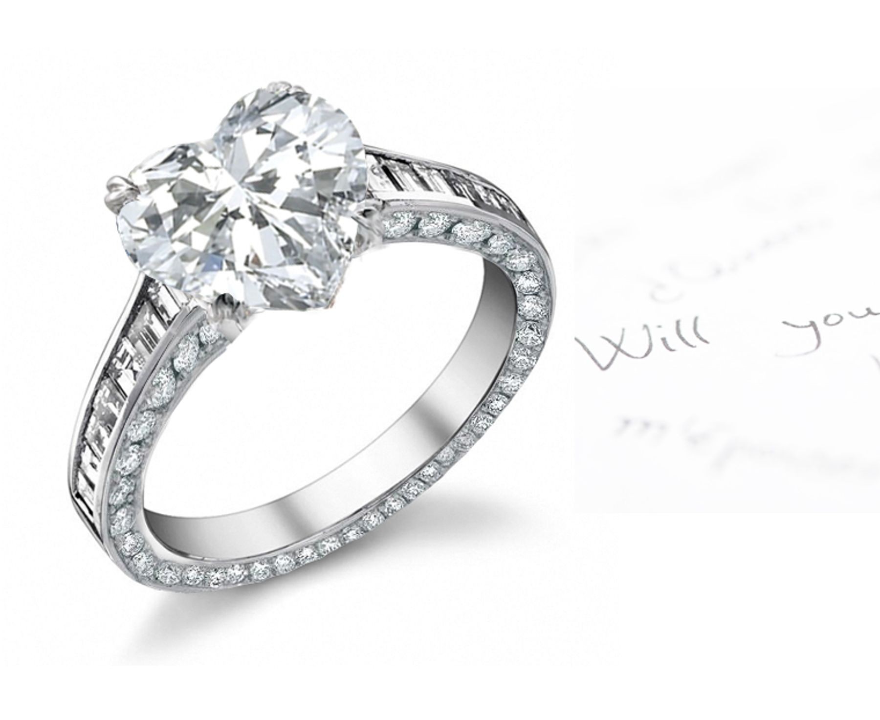 Heart & Baguette Diamond Engagement Ring in Platinum & Gold with Diamond Halo