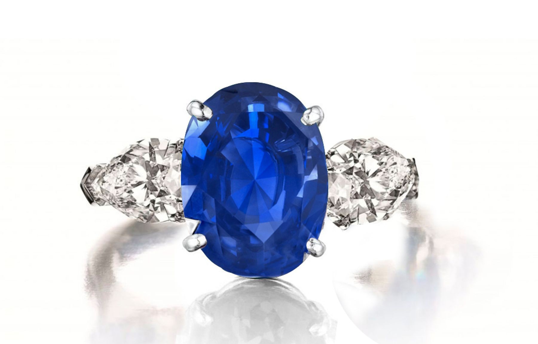 Custom Manufactured Three Stone Pear-Shaped Diamonds & Oval Blue Sapphire Ring