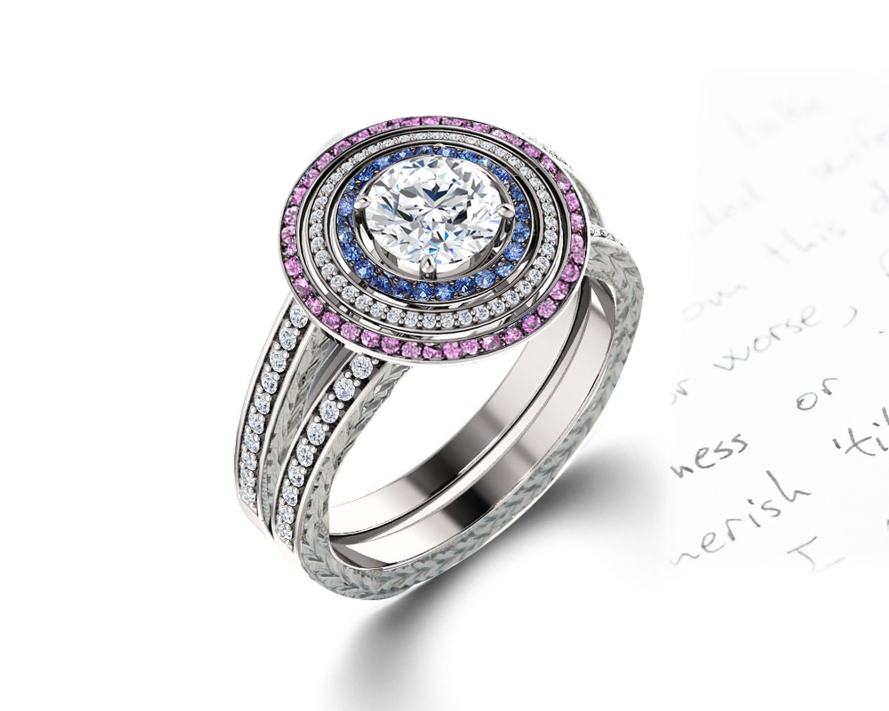 Delicate Micro Pave Halo Vivid Pink & Blue Sapphires & Brilliant-Cut Round Diamonds Designer Engagement Rings