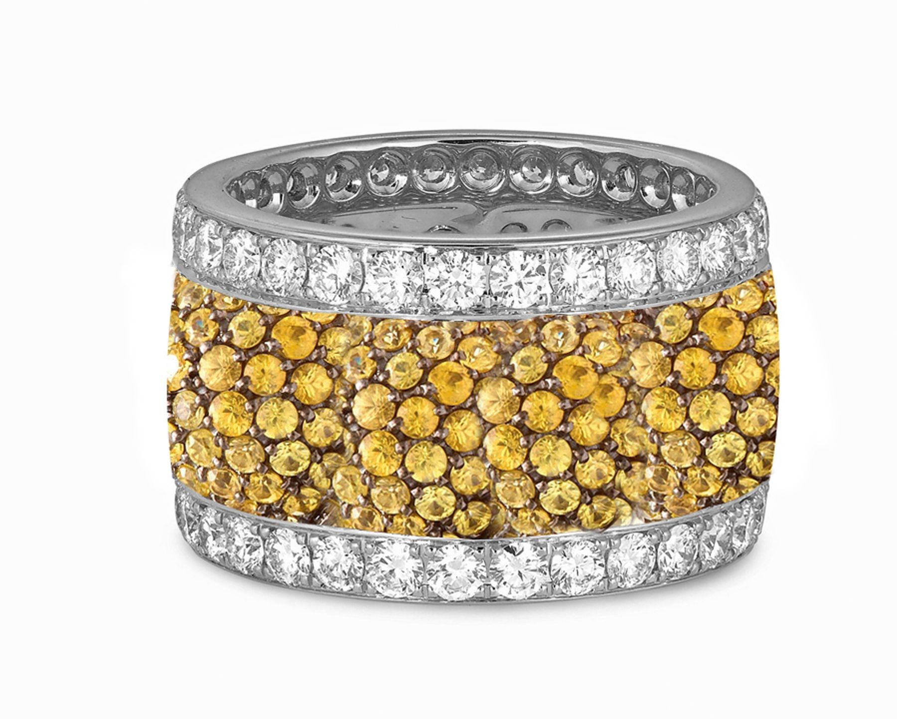 Micro pave Halo Brilliant Cut Round Diamond & Yellow Sapphire Eternity Rings