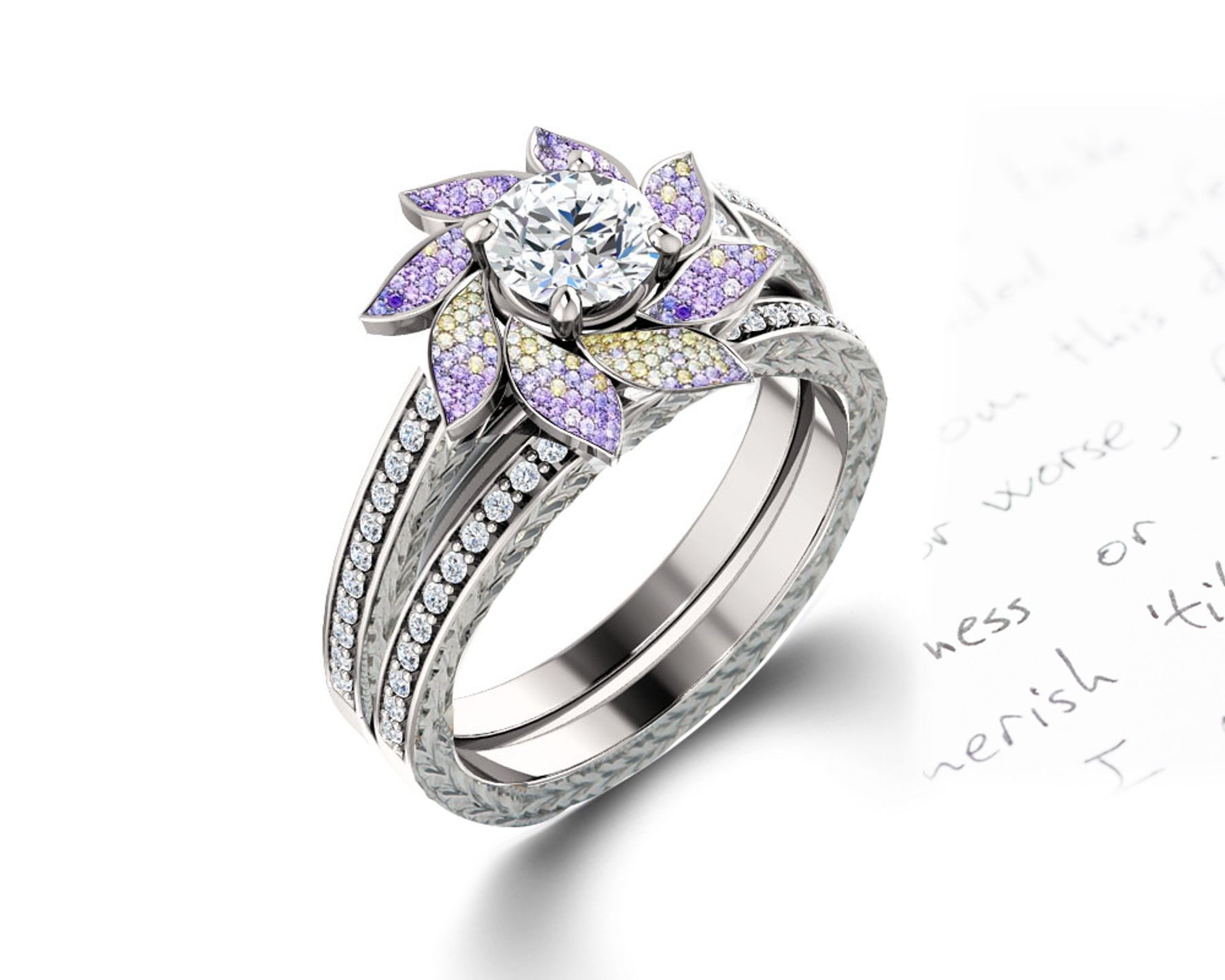 Delicate Micro Pave Halo Vivid Flower Rainbow Sapphires & Brilliant-Cut Round Diamonds Designer Engagement Rings