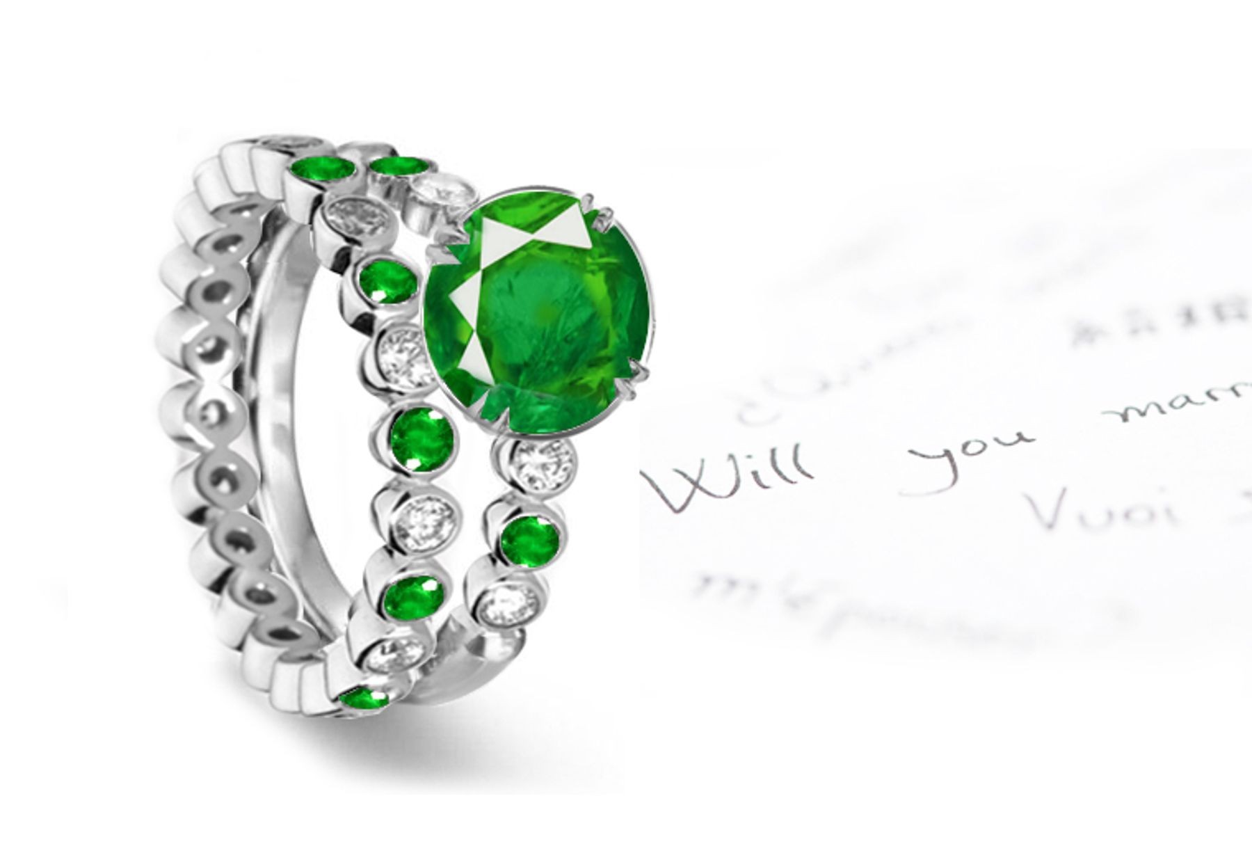Most Renowned Emeralds: A Gold Bezel Set Treated Emerald & Diamond Eternity Engagement Ring & Womens Eternity Band