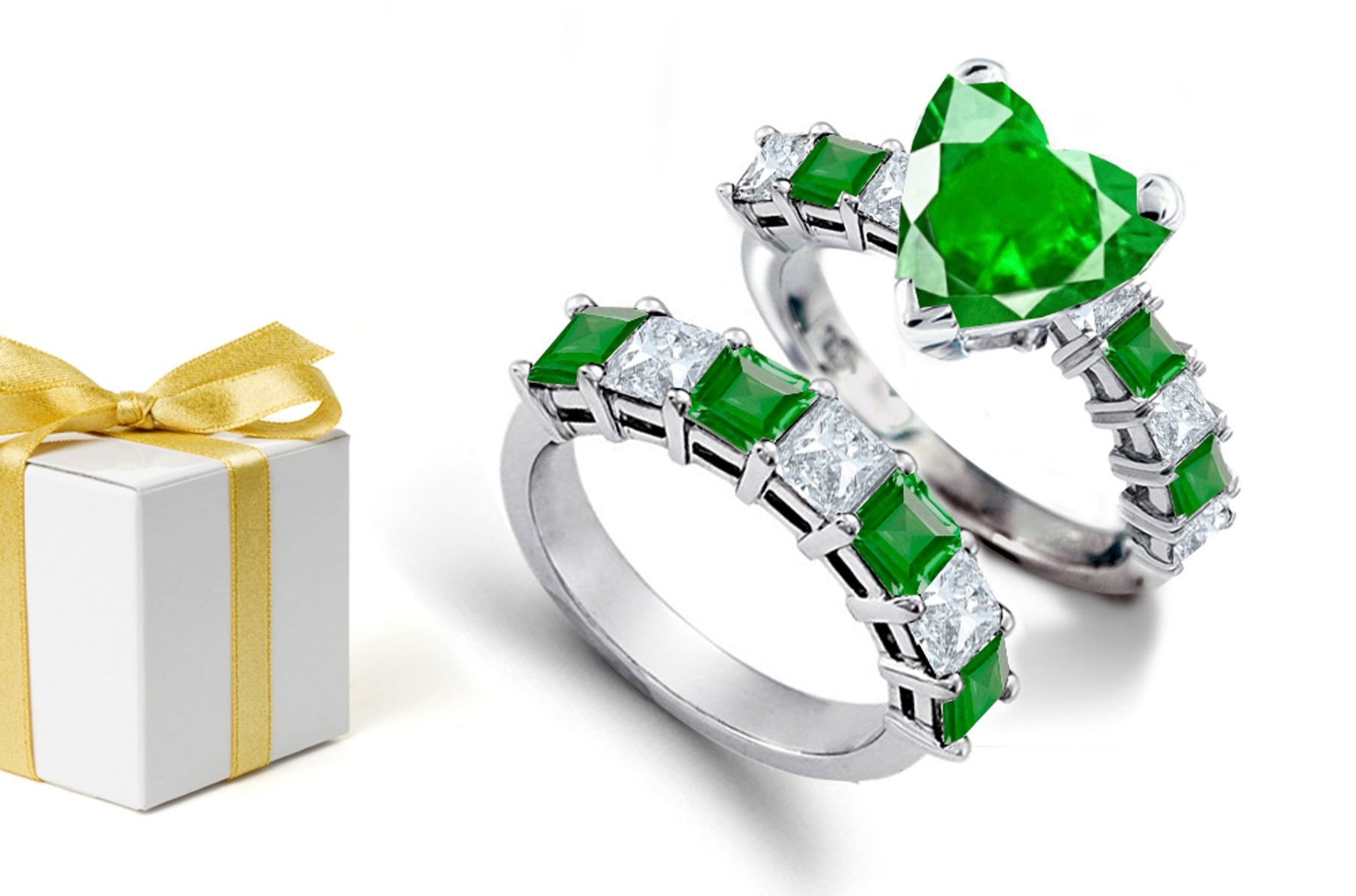 Popular & Fashionable: Buy Center Heart-Shape Emerald & Princess Cut Diamond, & Also This Platinum Ring & Square Emerald & Diamond Band