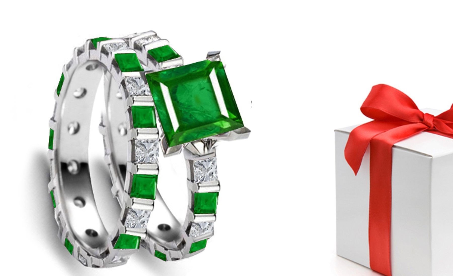 Gorgeous Square Emerald & Princess Cut Emerald Diamond Eternity Ring & Gold Band