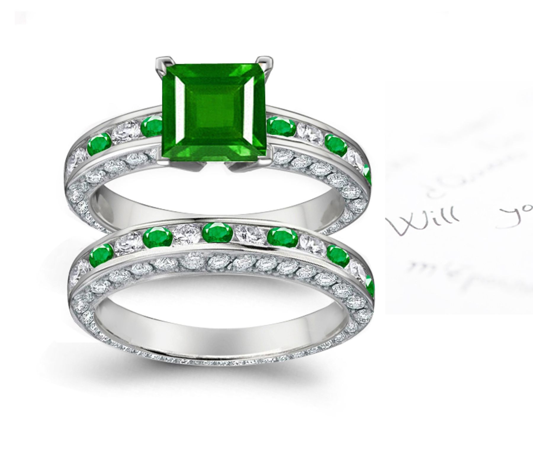 A Varying Collection: Positive Touching Gold & Square Gorgeous Emerald Diamond Halo Ring & Diamond Emerald Halo Band Available Women