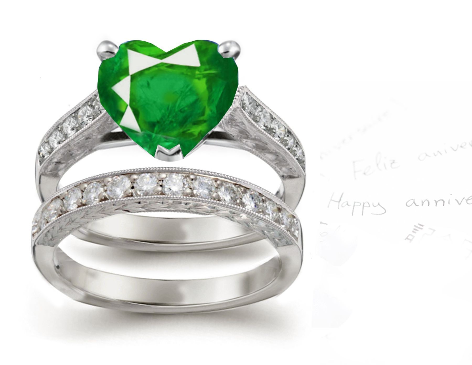 LATEST PRODUCTS: Heart Emerald Cathederal Solitaire Ring & Engraved Diamond Band