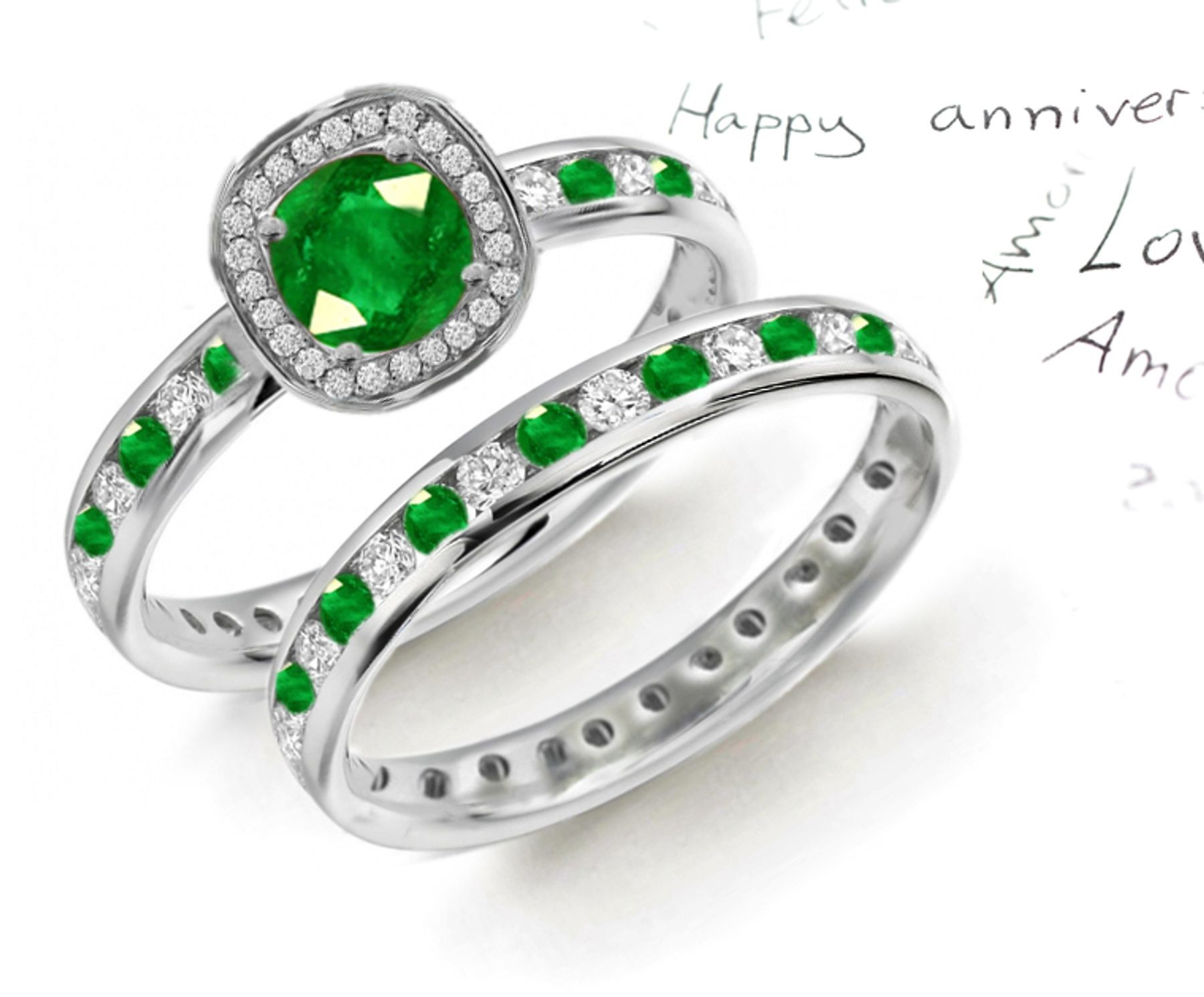 NEW PRODUCTS: 14k Gold & Platinum Emerald Diamond Halo Engagement Ring Emerald & Diamond & Emerald Band