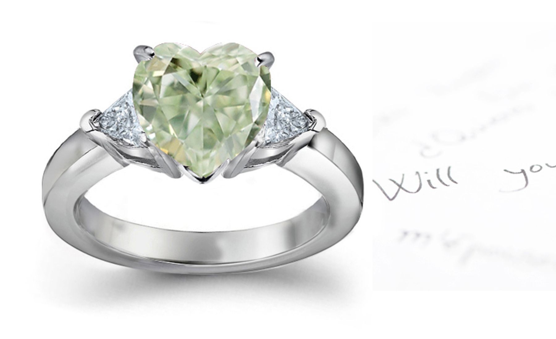 Gleaming Center Heart Green Diamond & Trillion White Diamond Accents Engagement Ring in Green Gold