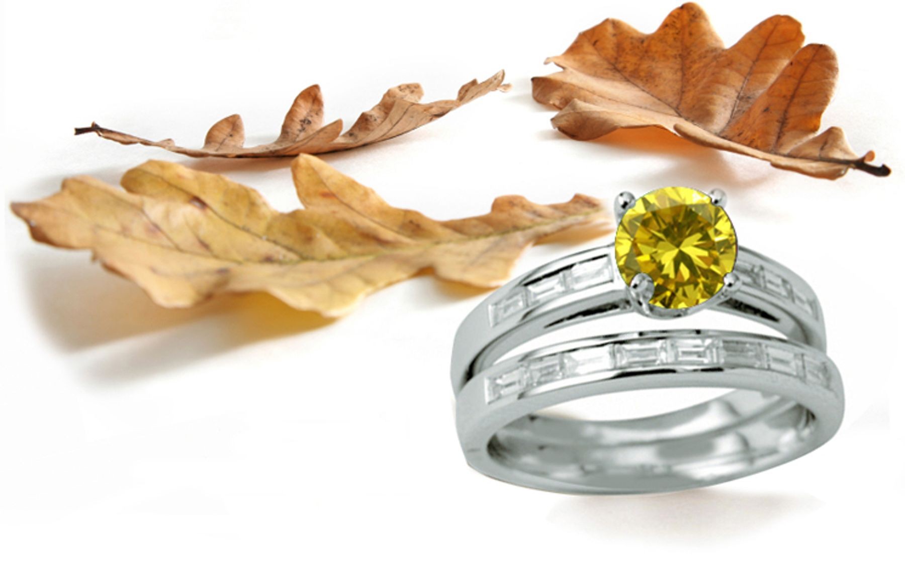 Yellow Diamond Rings: Platinum Yellow Round Diamond and White Bagguette Diamonds Engagement Rings