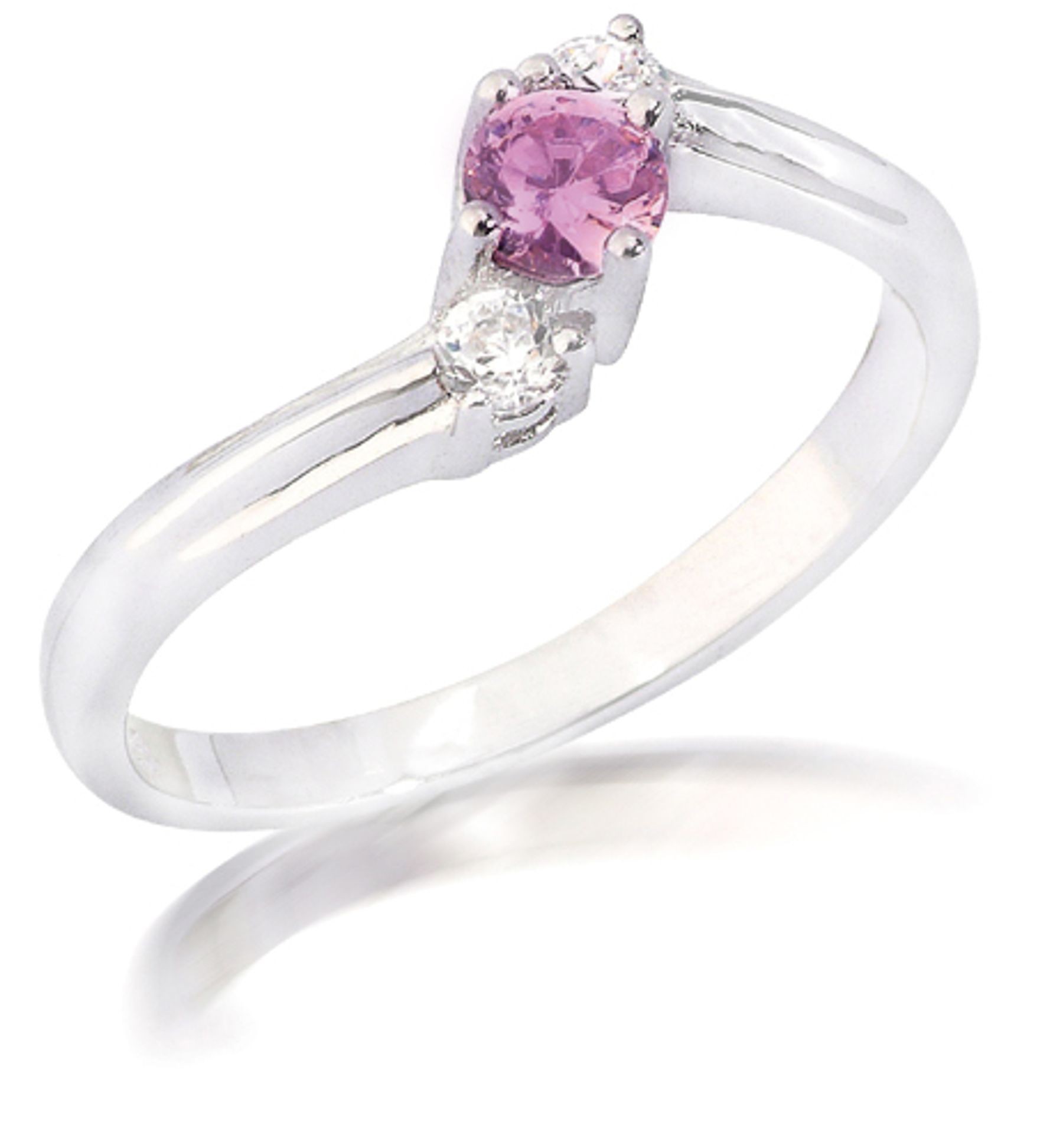 Round Pink Sapphire 3 Stone Sapphire true Art piece Ring with Round Diamonds in 14k White Gold 