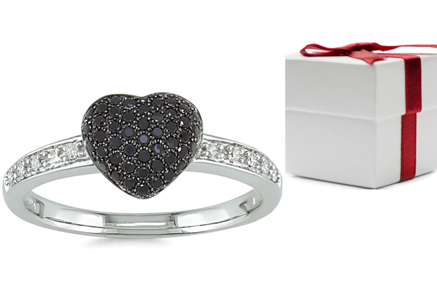 Pave Black Sapphire Heart Engagement Ring with Pave white Sapphires in 14k White Gold