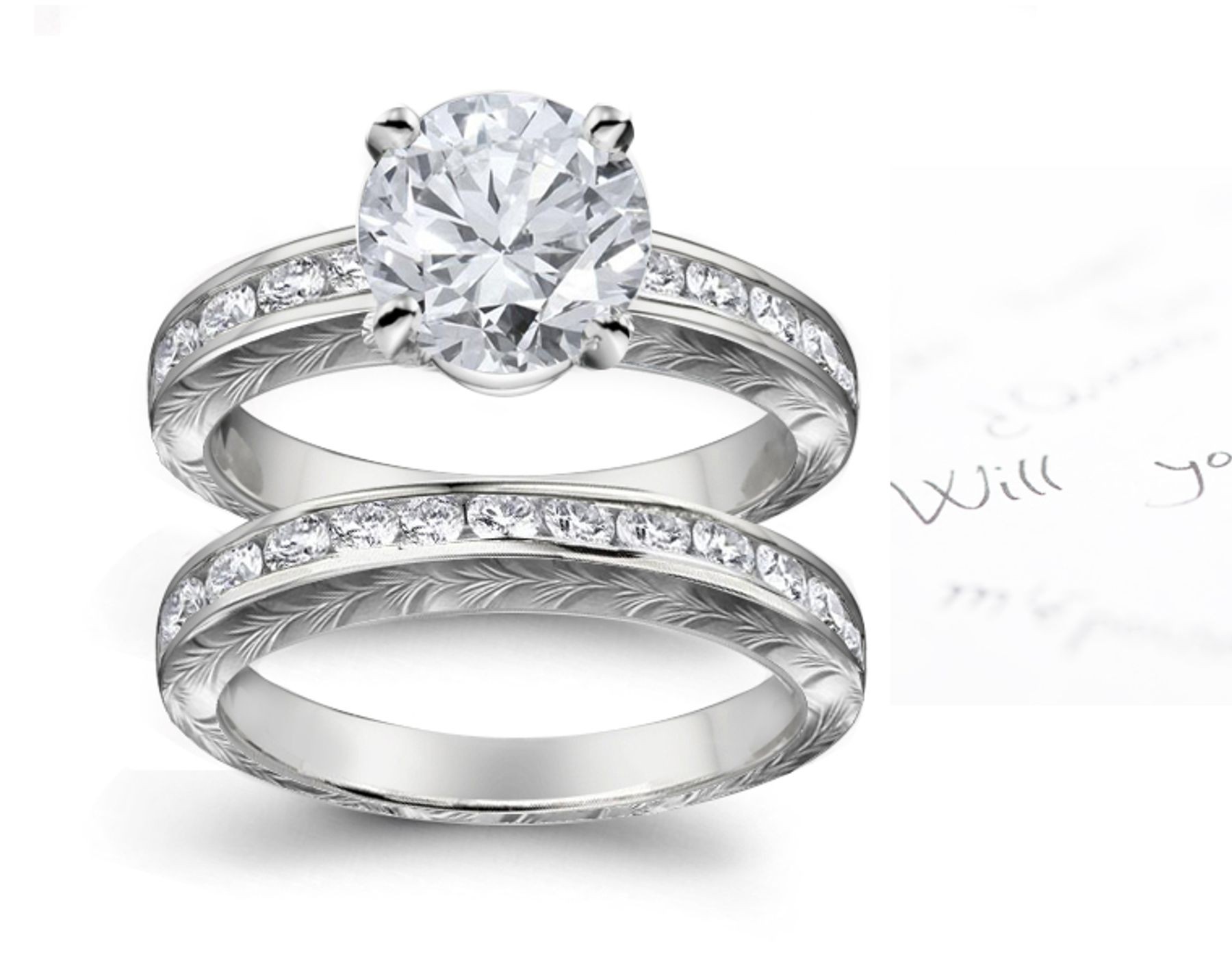 Antique Style Diamond Engagement & Wedding Floral Scrolls & Motifs Ring and Band in Platinum