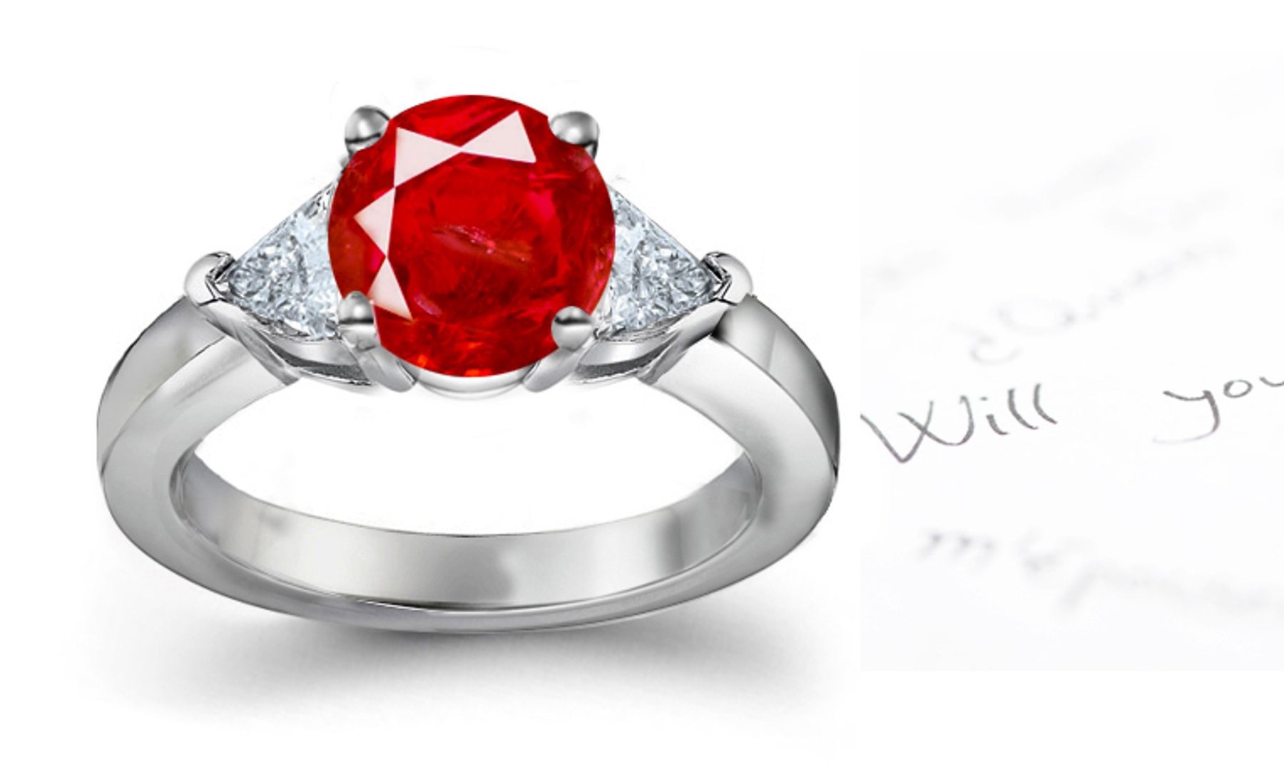 Royal Red Ruby Diamond Engagement Ring: Platinum three stone ruby ring set with a round ruby and two diamond pears.