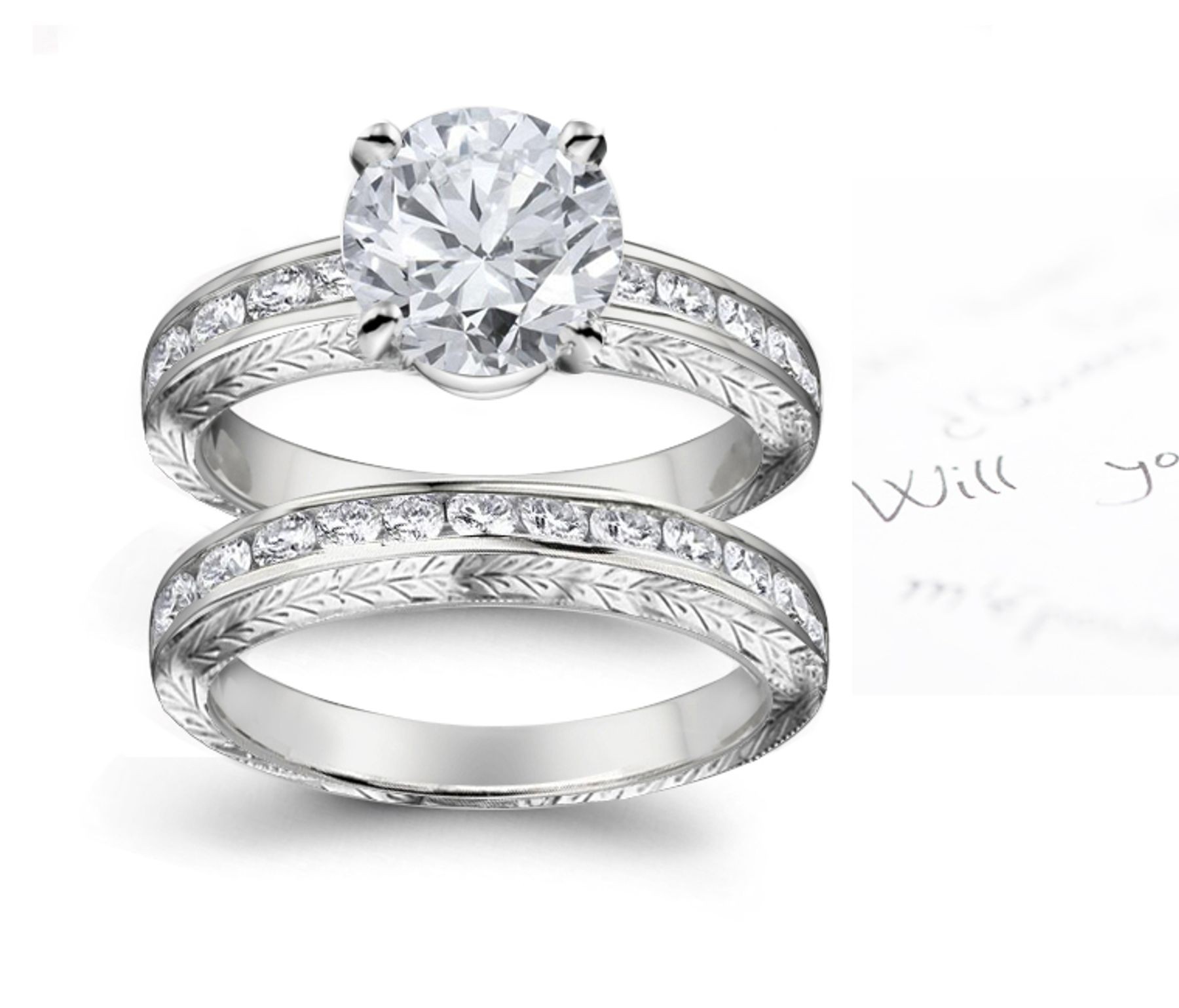 Antique Special Design Diamond Engagement & Wedding Floral Scrolls & Motifs Ring & Band in Platinum