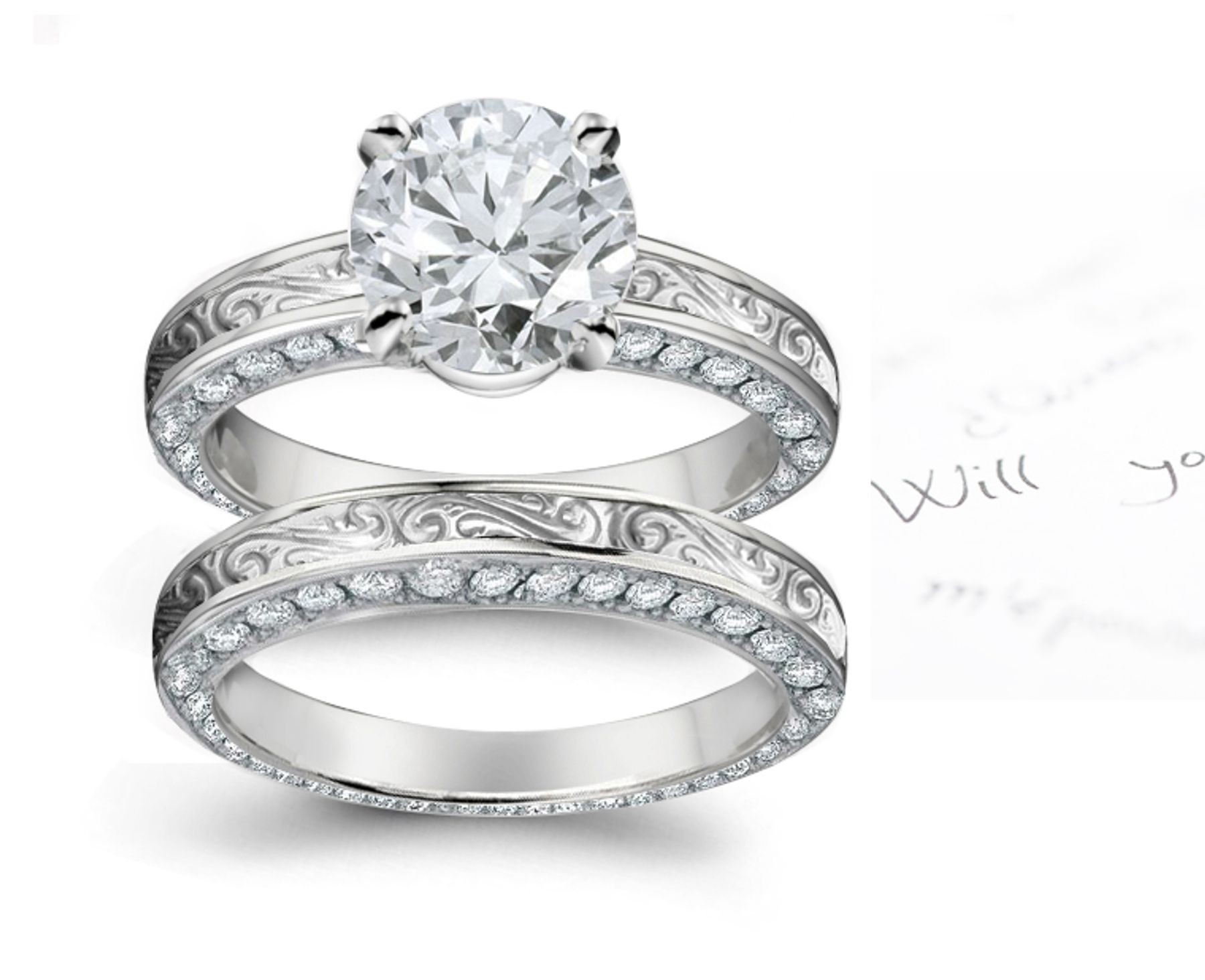 Special Design Platinum, & Diamond Ring with Floral Scrolls & Motifs Shoulders & Diamond Halo Sides