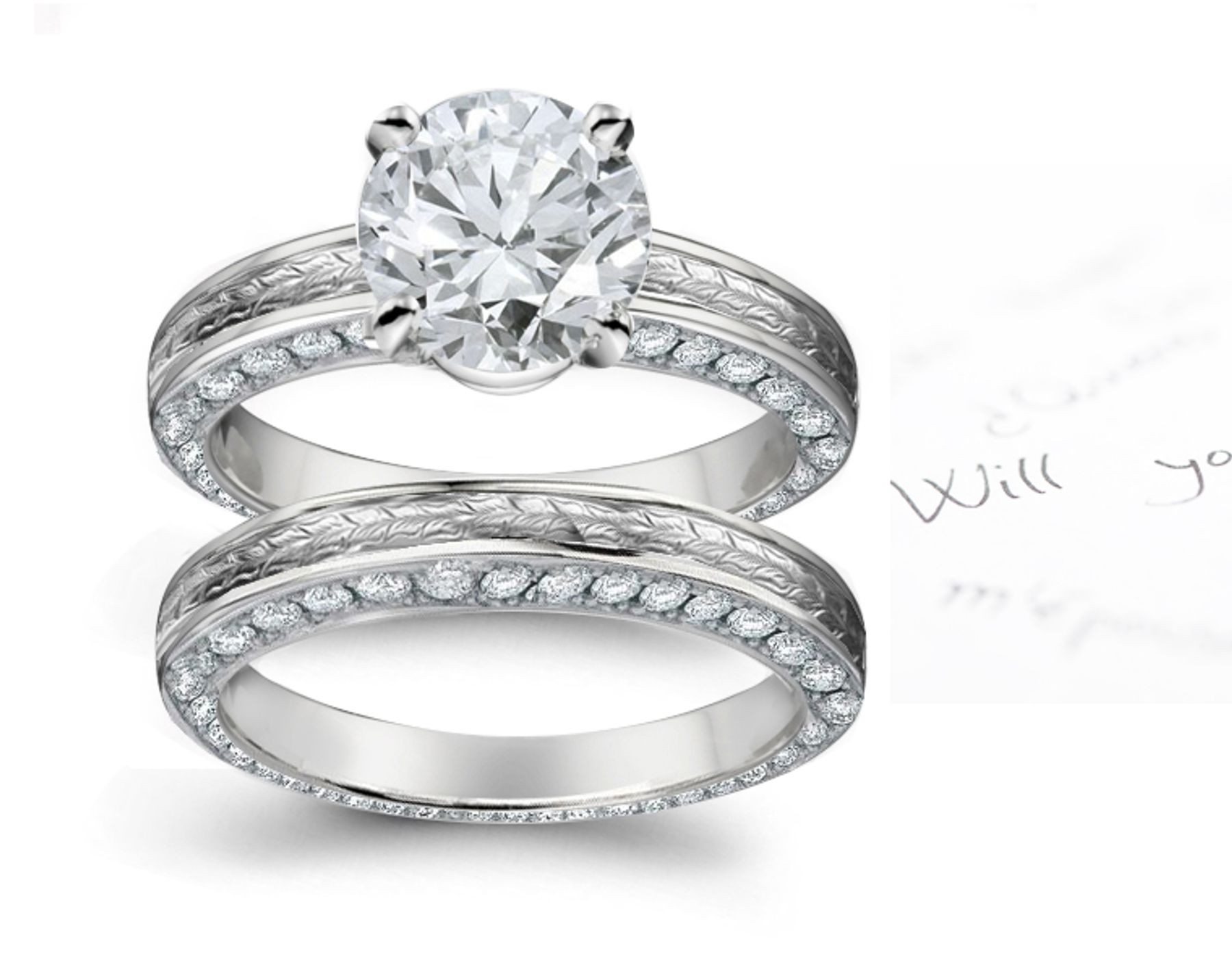 Special Design White Gold, & Diamond Ring with Floral Scrolls & Motifs Shoulders & Diamond Halo Sides