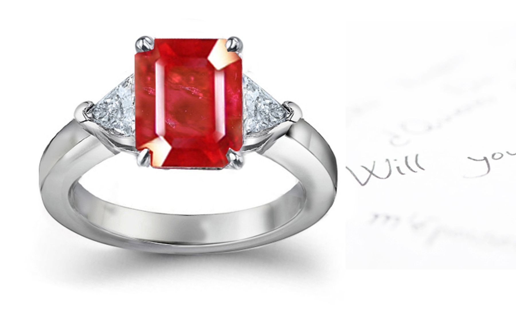 Ruby Three Stone Engagement Rings: Platinum ruby ring with center octagon ruby and diamond trillions on side.