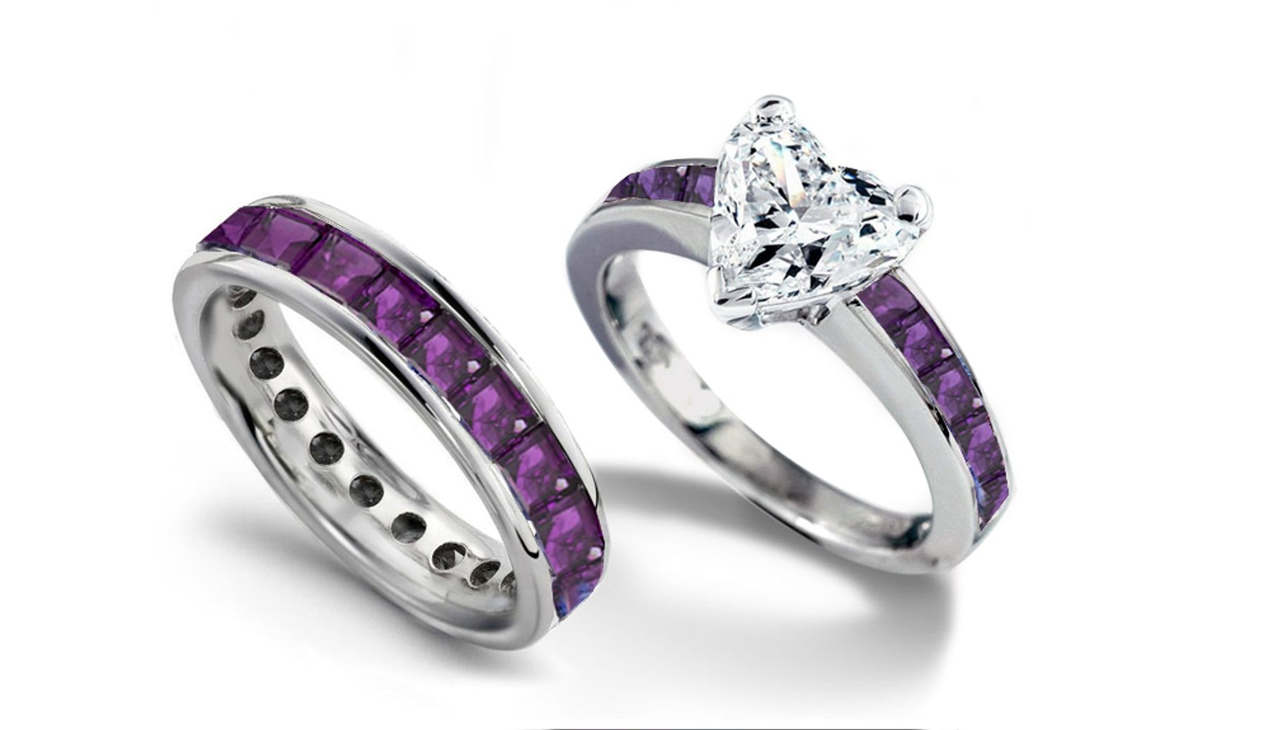 Heart Diamond & Princess Cut Purple Sapphire Engagement Ring & Purple Sapphire Wedding Band