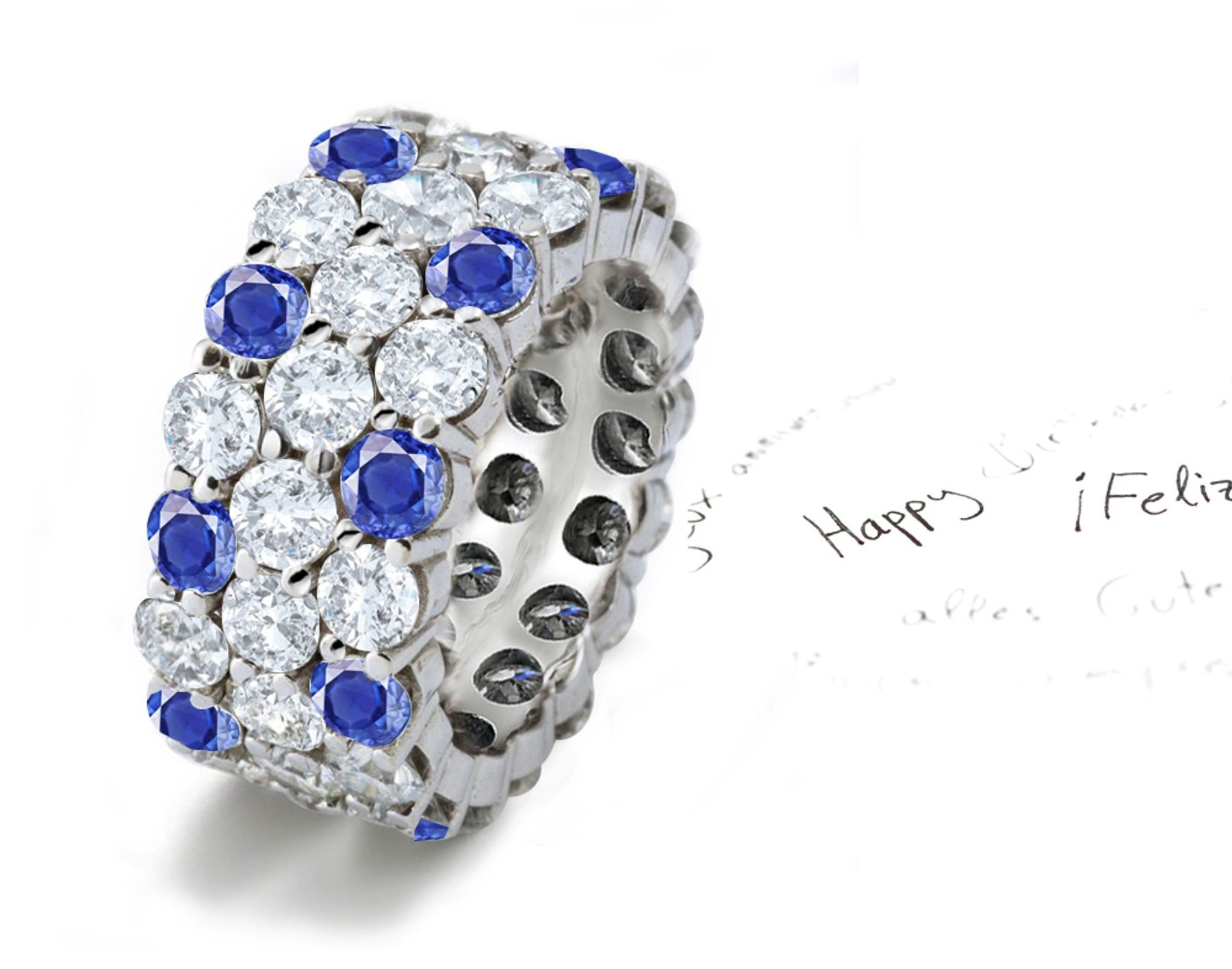 Collosal Triple Sparkling Rows of Brilliant Cut Round Diamond & Sapphire Eternity Ring