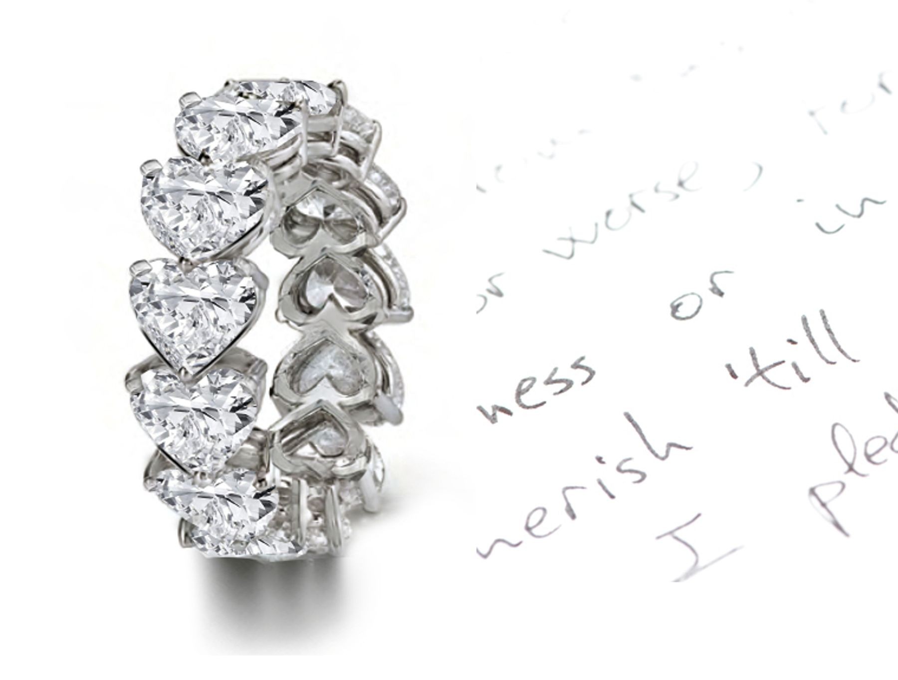 A Perfect Love Story: Prong Set Shimmering Heart Diamond Eternity Band in Platinum & Gold with Overhead Radiance