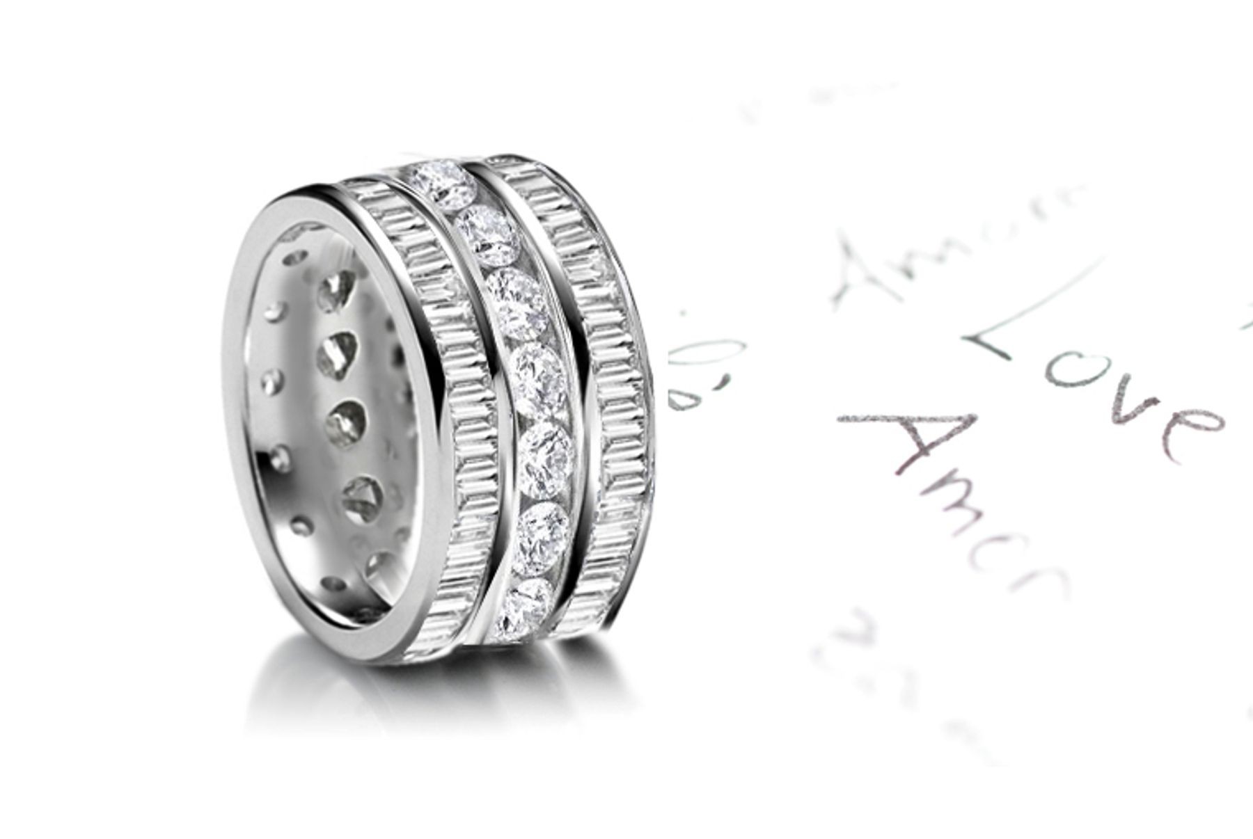 Glittering: Stacked Trio of Round/Baguette Diamond Wedding Bands in Gold