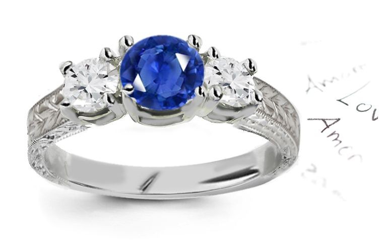Sappir Sappheiros Sapphirius Genuine 3 Stone Blue Sapphire & Diamond Engagement Ring