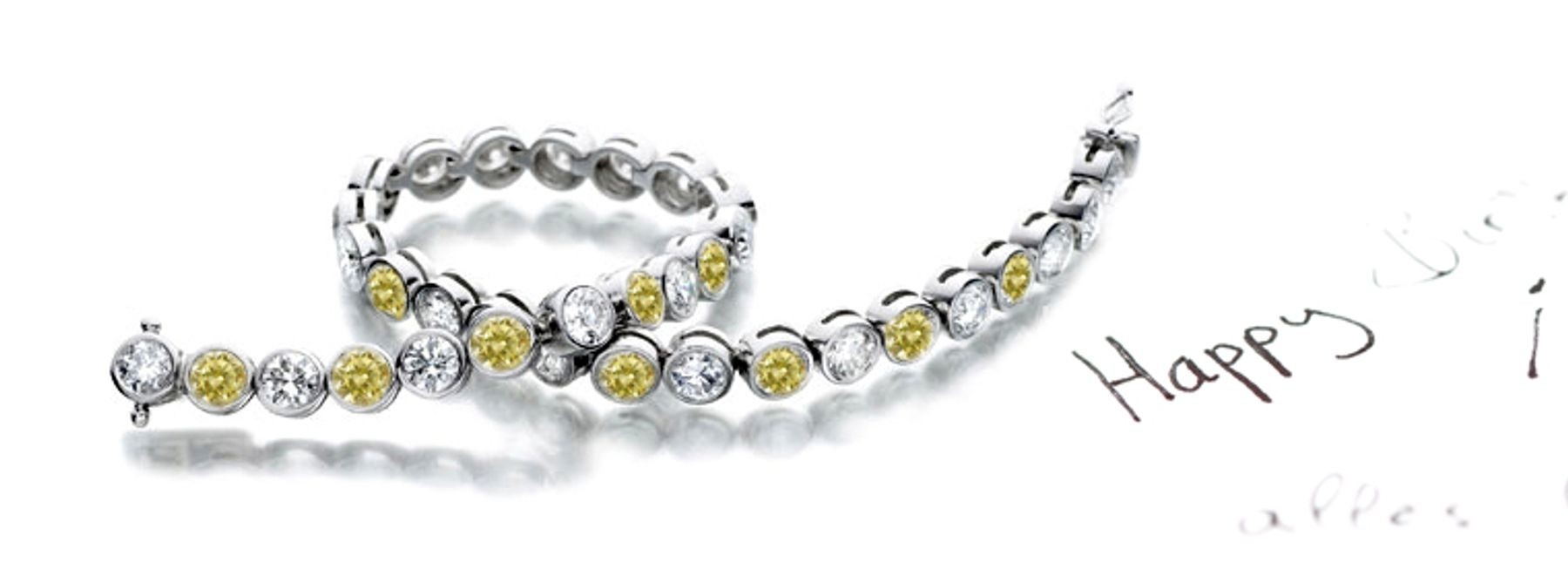 Alternating Rows of Yellow Colored Diamonds & White Diamonds Fancy Yellow Diamond Bracelet and Necklace