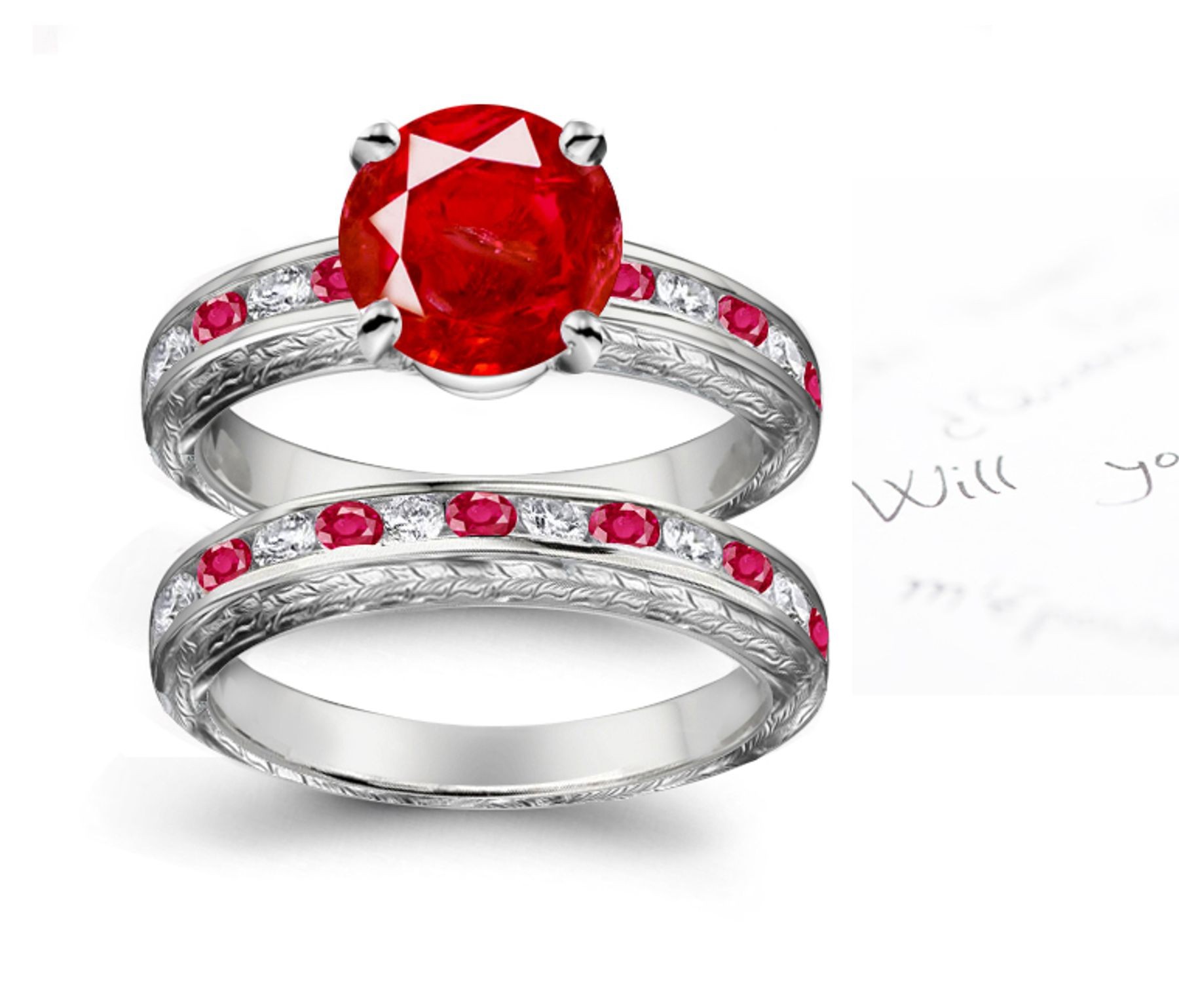 Unique and Original: Ruby & Round Cut Diamond & Ruby Accent Ring & Wedding Band Eco-Friendly Gold Free Shipping 365 Days