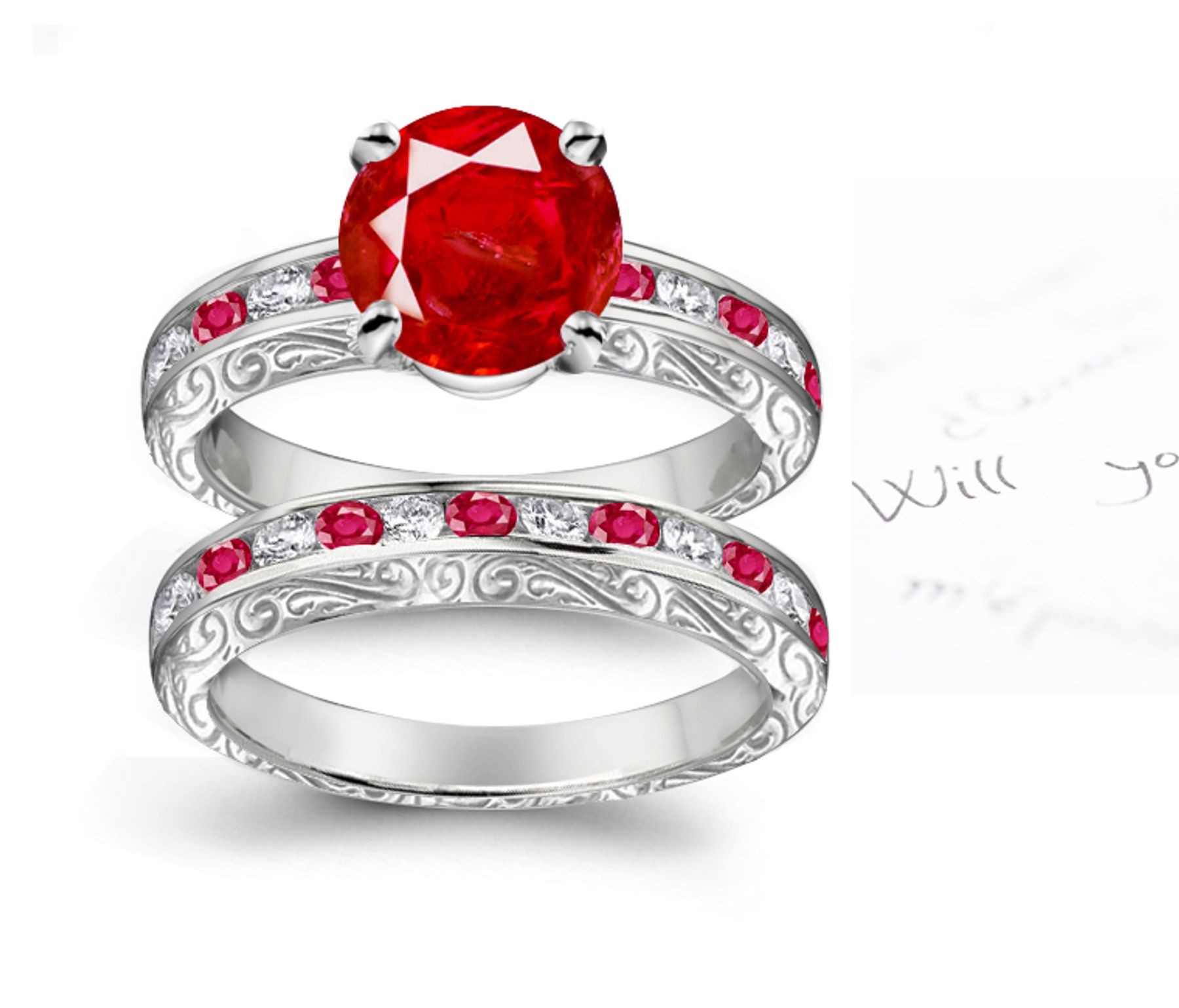 The Family Heirloom: A Noted Round Ruby & Scrolling Foliate Butterfly Motifs Decorated Ring & Wedding Band Created With Eco-Friendly Metals