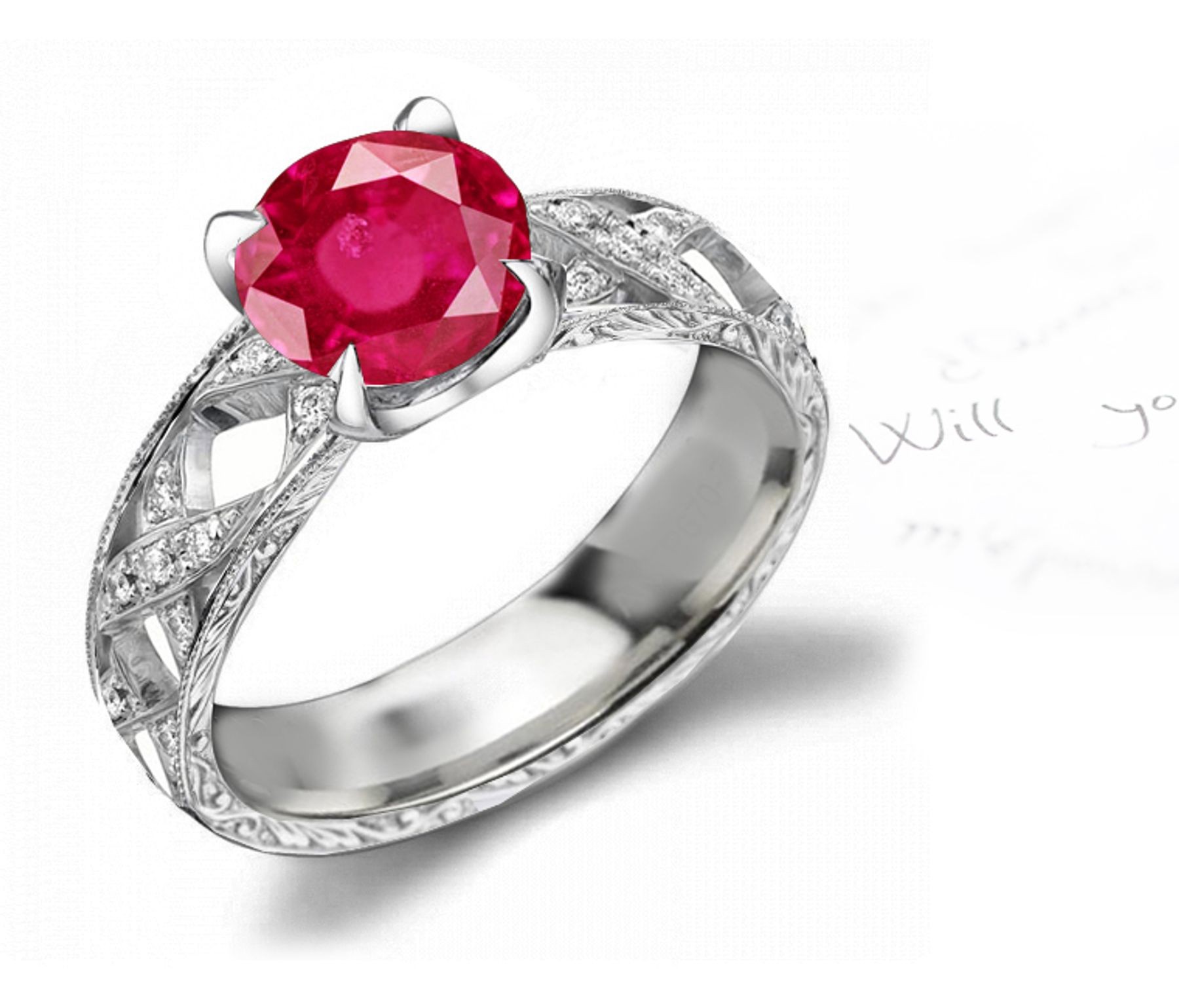 Fine Collection of Specimens: Mid-Century Ruby Diamond Ring with Finely Scrolled Openwork Detail Can Be Worn on the left side in 14k Gold Size 3 to 8