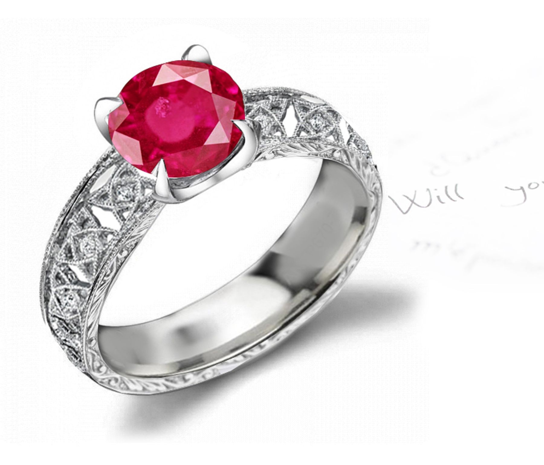 Absolutely Authentic: Antique Style Ruby or Sapphire and Diamond Ring with Finely-Scrolled Openwork Detail in 14k White Gold Ring Size 3 to 8