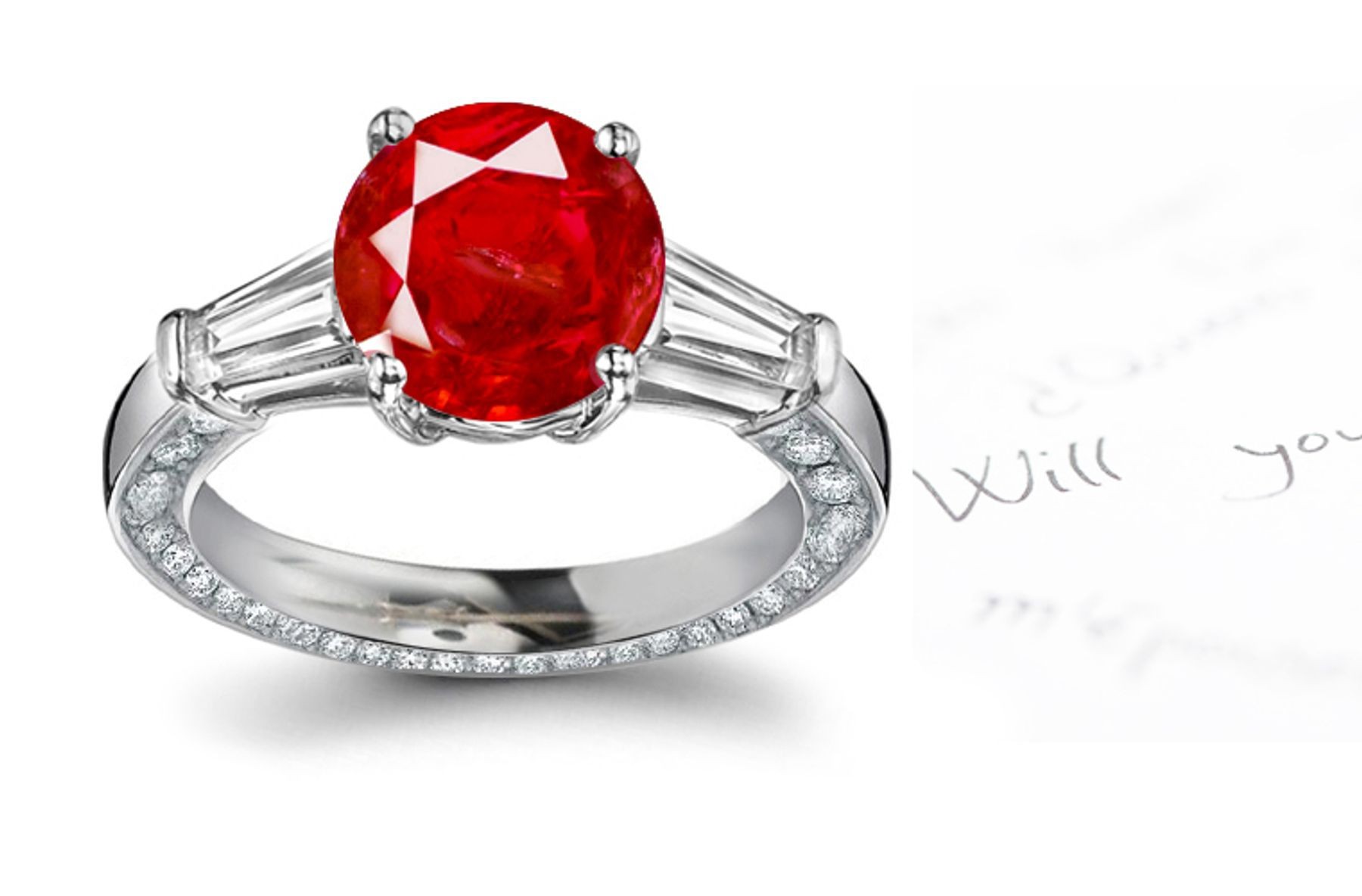 Notably Many Exclusive: Majestic Design 3 Stone Round Ruby & Baguette Diamond Ring in Diamond Decoration Inserted Part of Gold Front Side Body