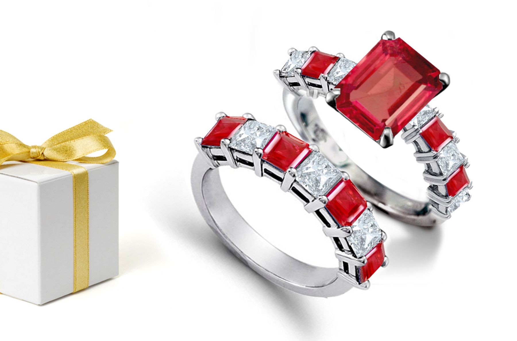 Large top stone 1.0 ct Emerald Cut Ruby head atop drop Princess Cut Ruby & Diamond Ring Shoulders & Gold Band