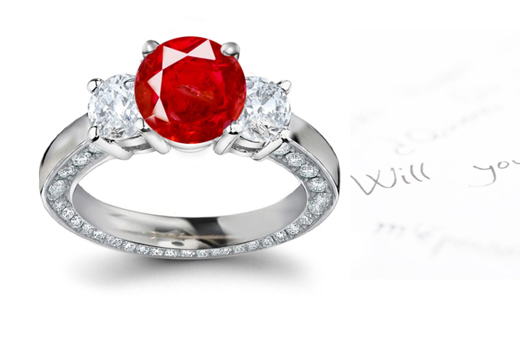 Exclusive Designs: Sensational Three Stone Round Ruby & French Cut Diamond Ring in White Diamond Sparkles Inserted Part of Gold Body Side