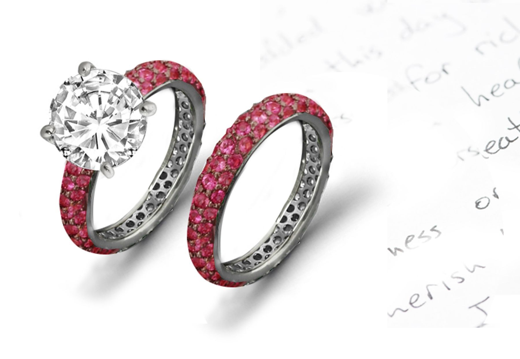 Specially Prepared: Round 0.75 ct Diamond atop Wide Pave Ruby Ring & Strong Enduring Platinum Wedding Band