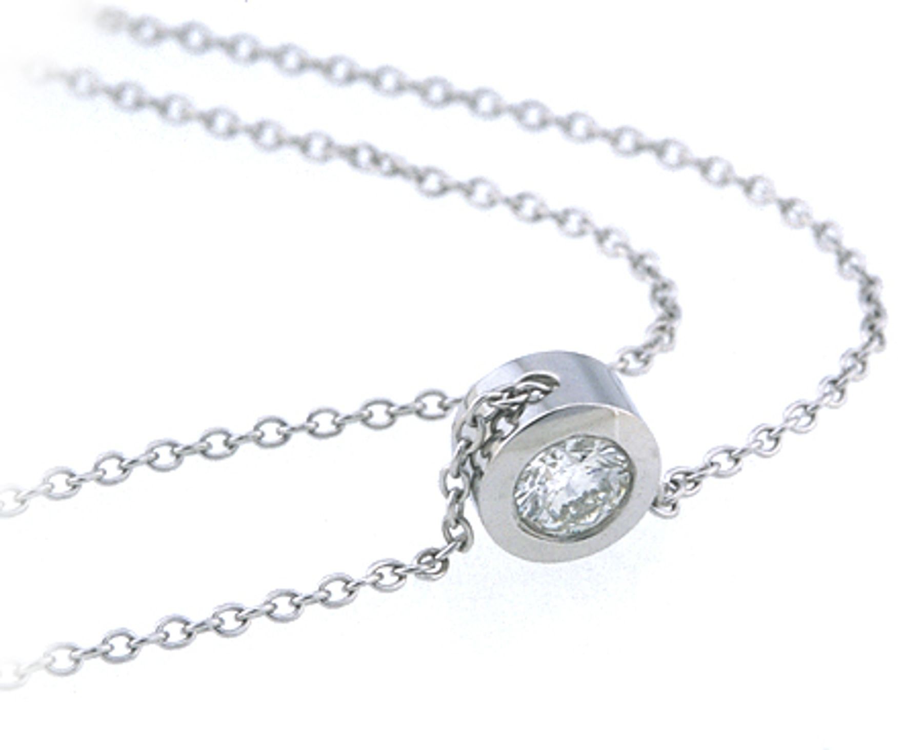 Gold diamond pendant. Gold bezel set round diamond pendants with chain