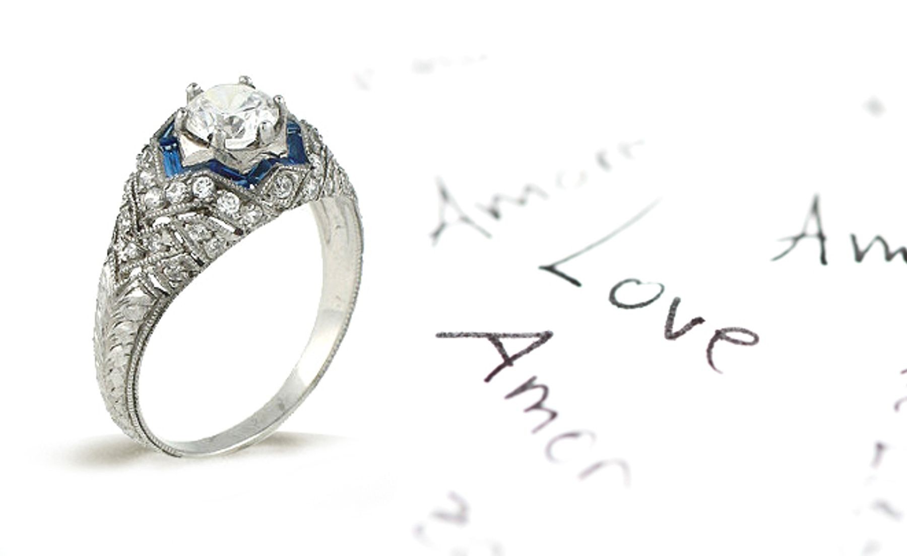 14K White Gold Hand Engraved Filigree Engagement Setting