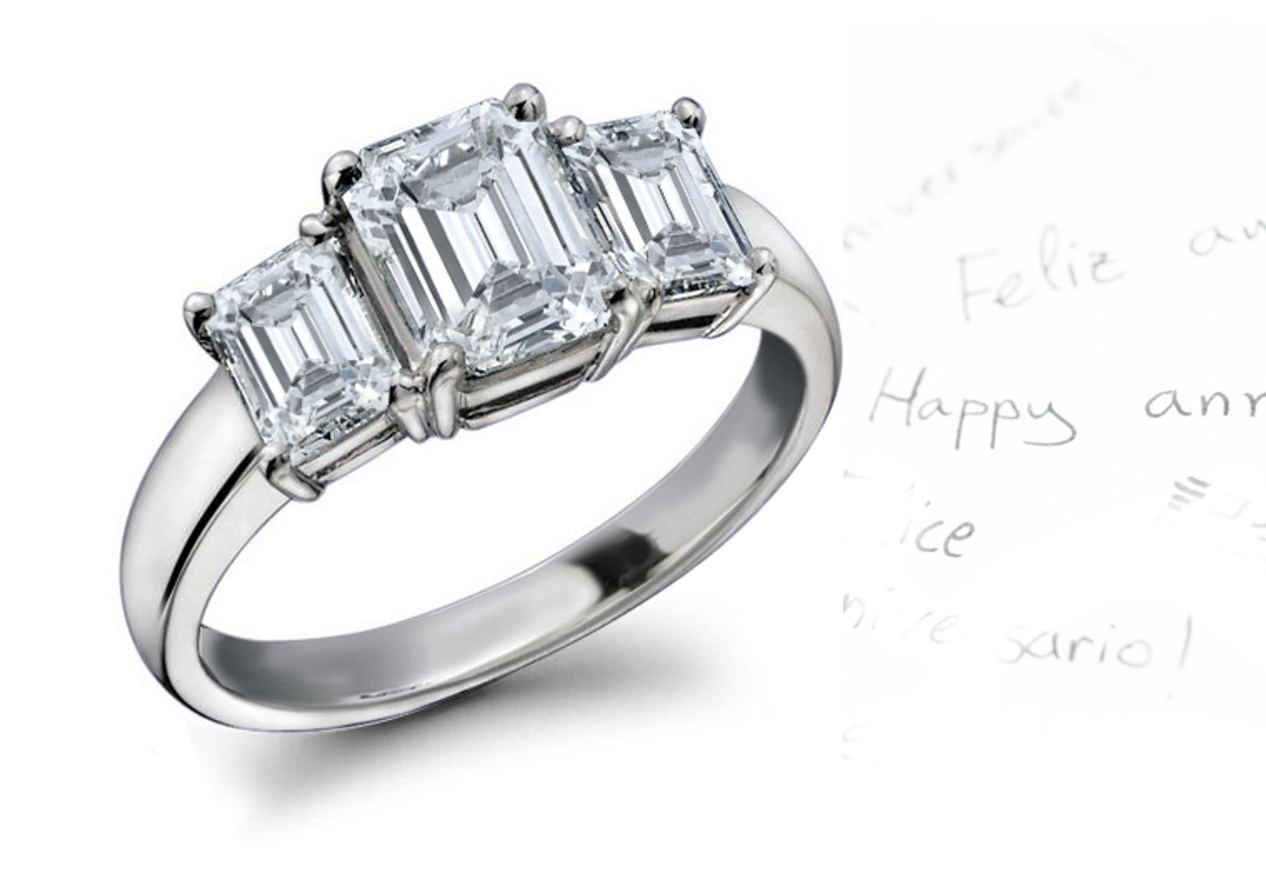 Diamond Anniversary Rings: Three-Stone (Ring with Three Octogon Diamonds) Ring in Platinum & 14K Gold. 